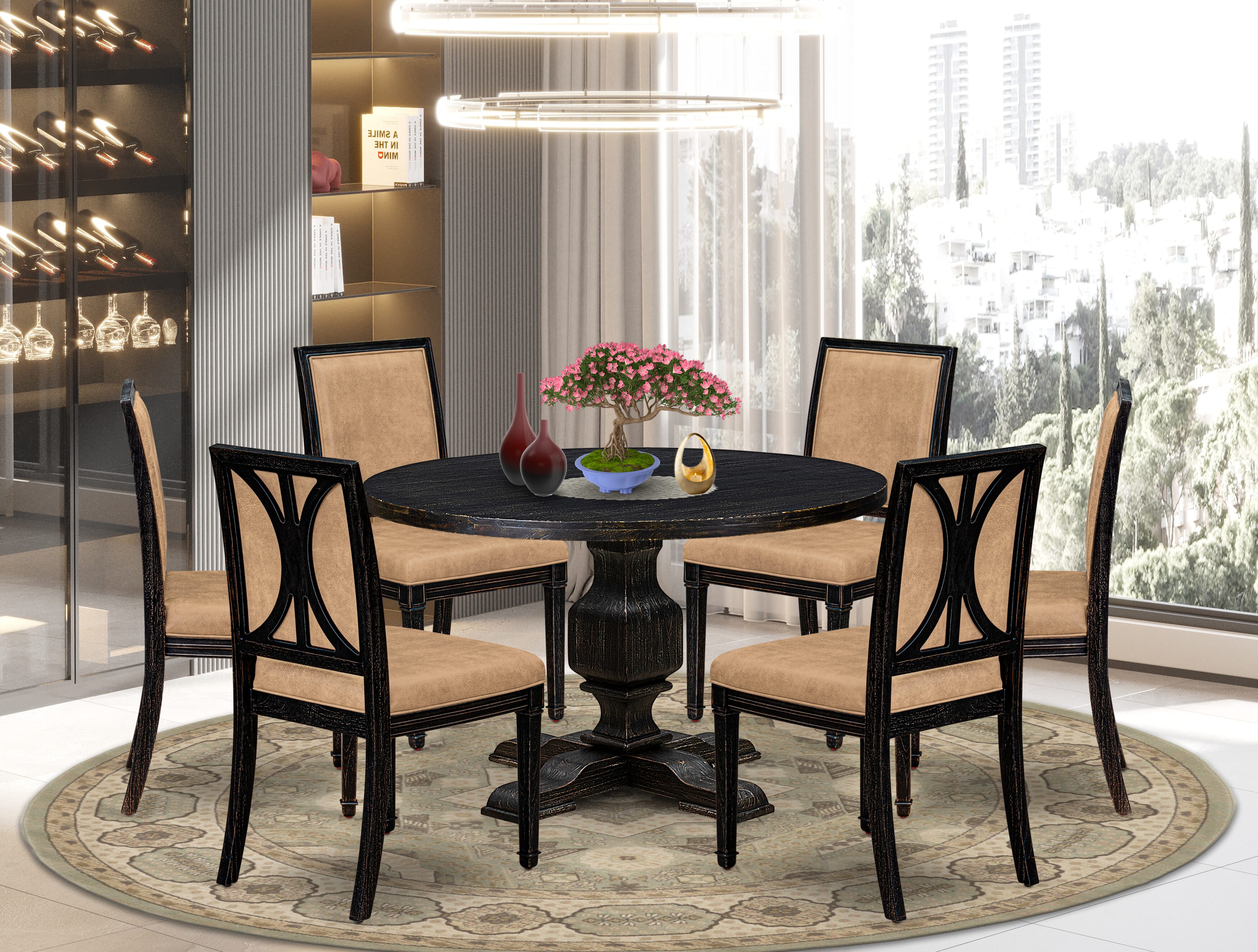Luxe by East West Furniture - I3AM7-411-28 7-Piece Dinner Table Set Contains a Round Wood Dining Table and 6 Beige Polyester Chairs with High Back, Sand Blasting Black Finish.