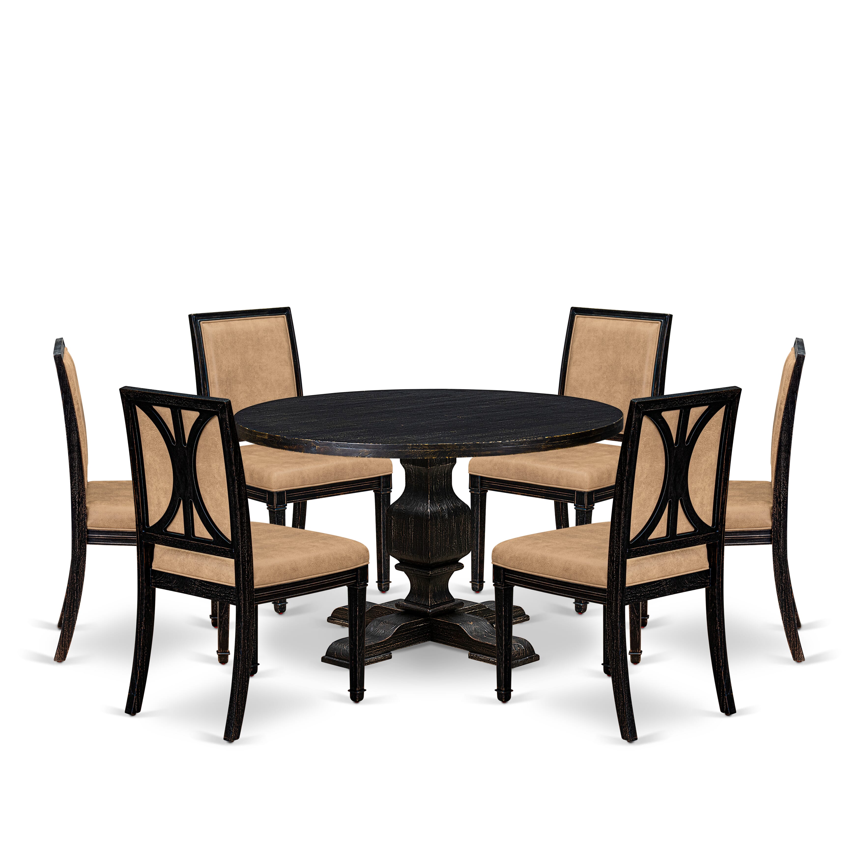 Luxe by East West Furniture - I3AM7-411-28 7-Piece Dinner Table Set Contains a Round Wood Dining Table and 6 Beige Polyester Chairs with High Back, Sand Blasting Black Finish.