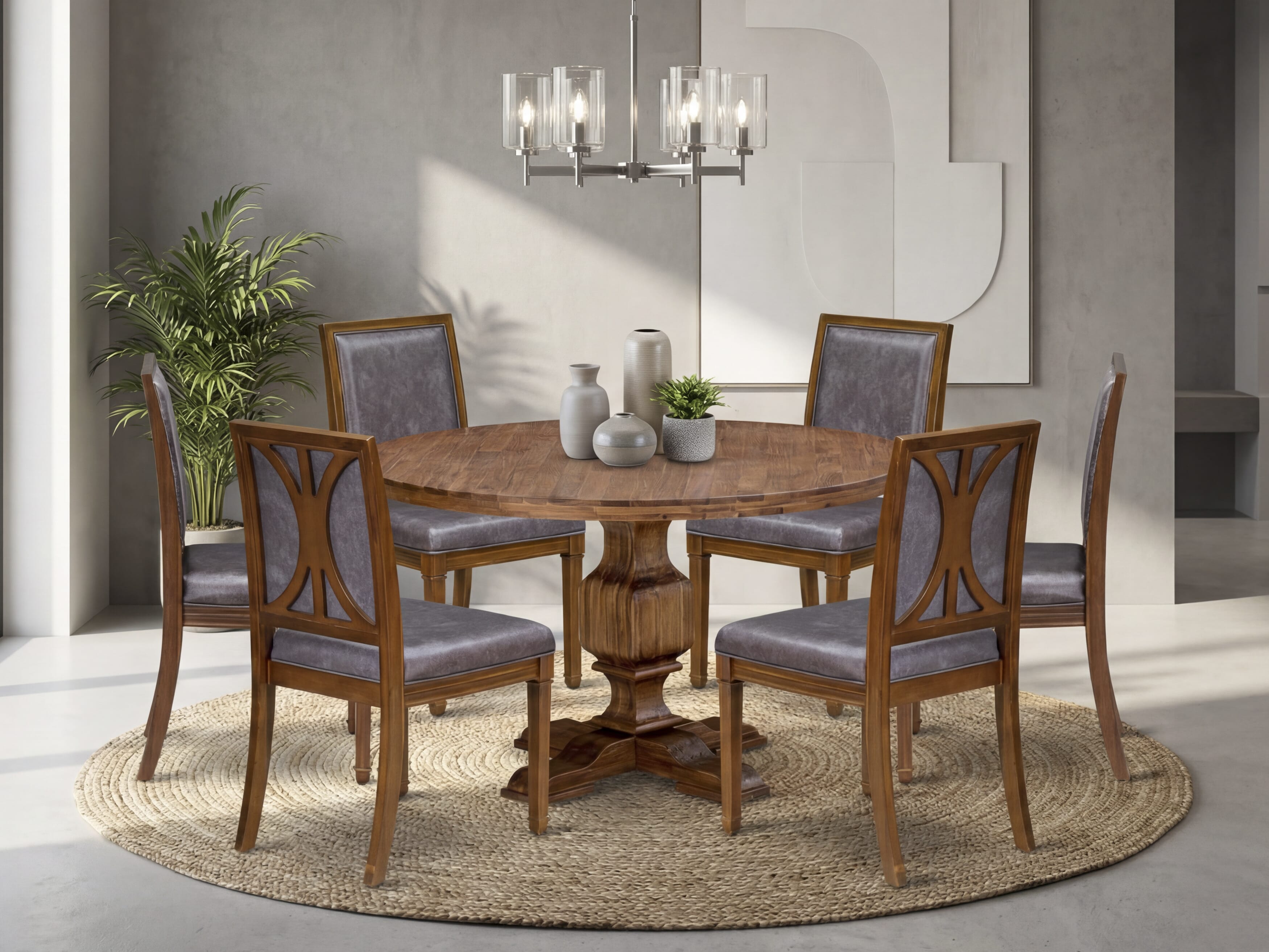 Luxe by East West Furniture - I3AM7-50N-34 7-Piece Dinette Set Includes a Round Mid Century Modern Dining Table and 6 Beige Polyester Chairs with High Back, Antique Walnut Finish.