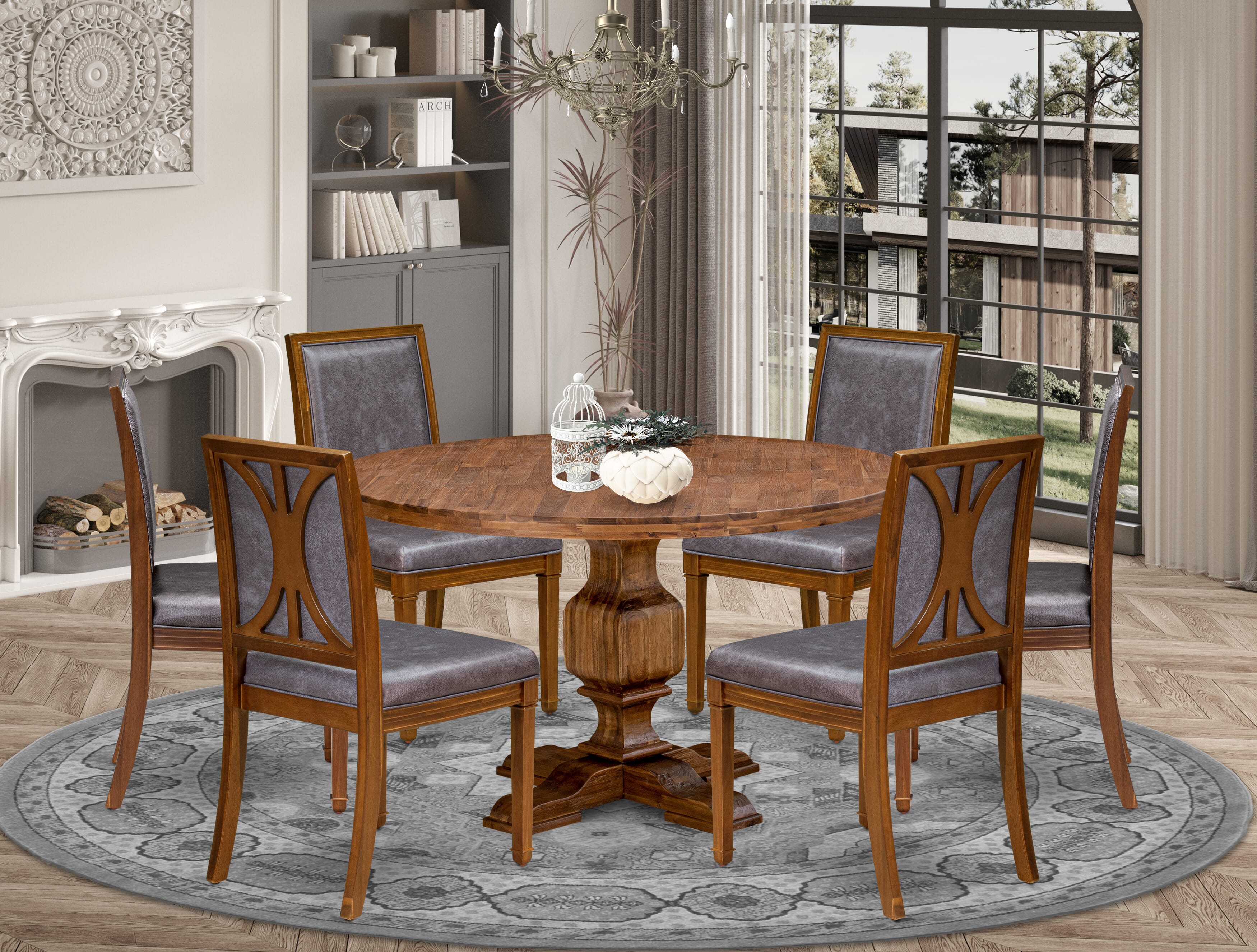Luxe by East West Furniture - I3AM7-50N-34 7-Piece Dinette Set Includes a Round Mid Century Modern Dining Table and 6 Beige Polyester Chairs with High Back, Antique Walnut Finish.