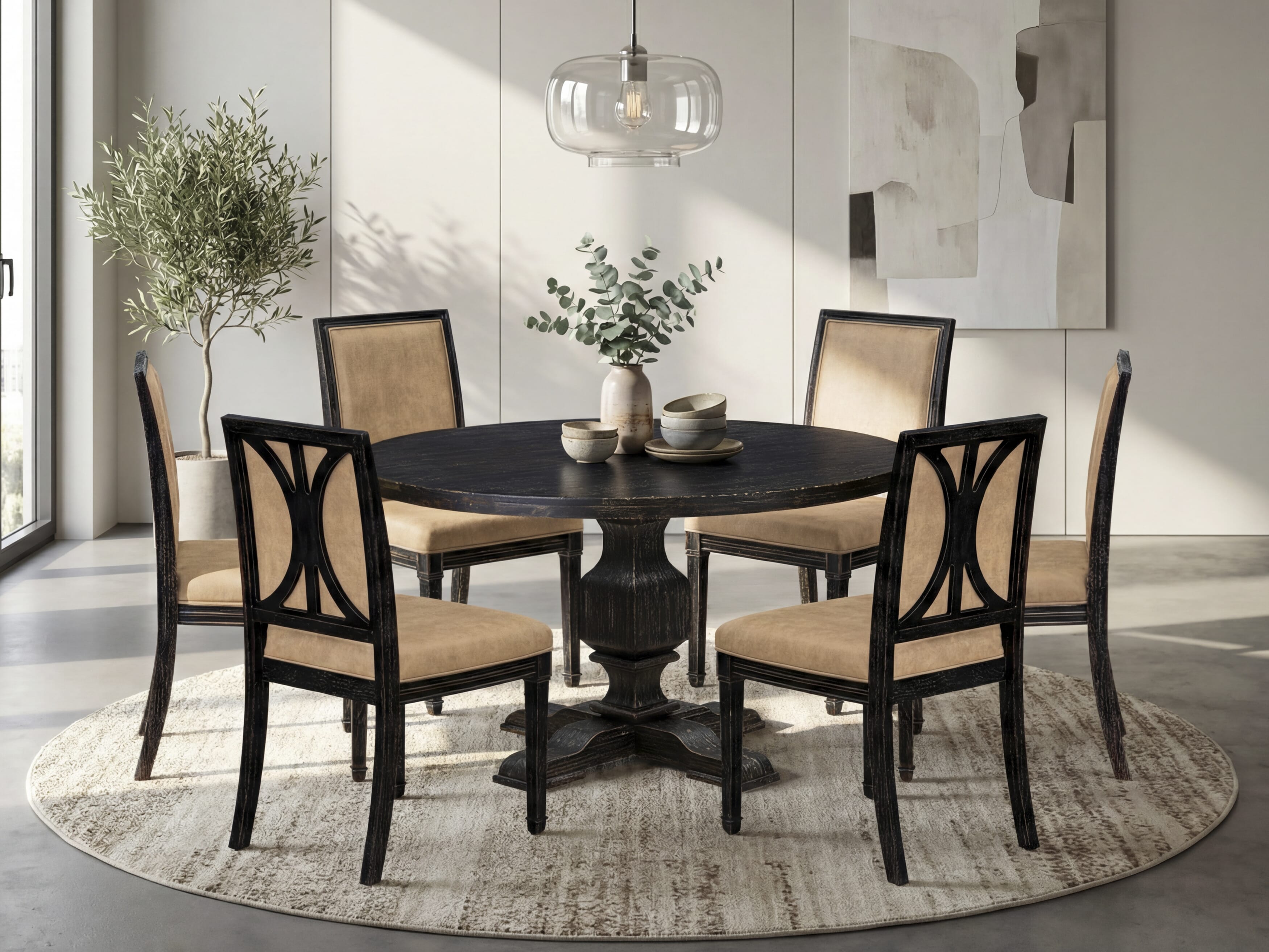 Luxe by East West Furniture - I3AM7-511-28 7-Piece Dining Room Table Set Consists of a Round Wooden Table and 6 Dark Gray Polyester Chairs with High Back, Sand Blasting Black Finish.