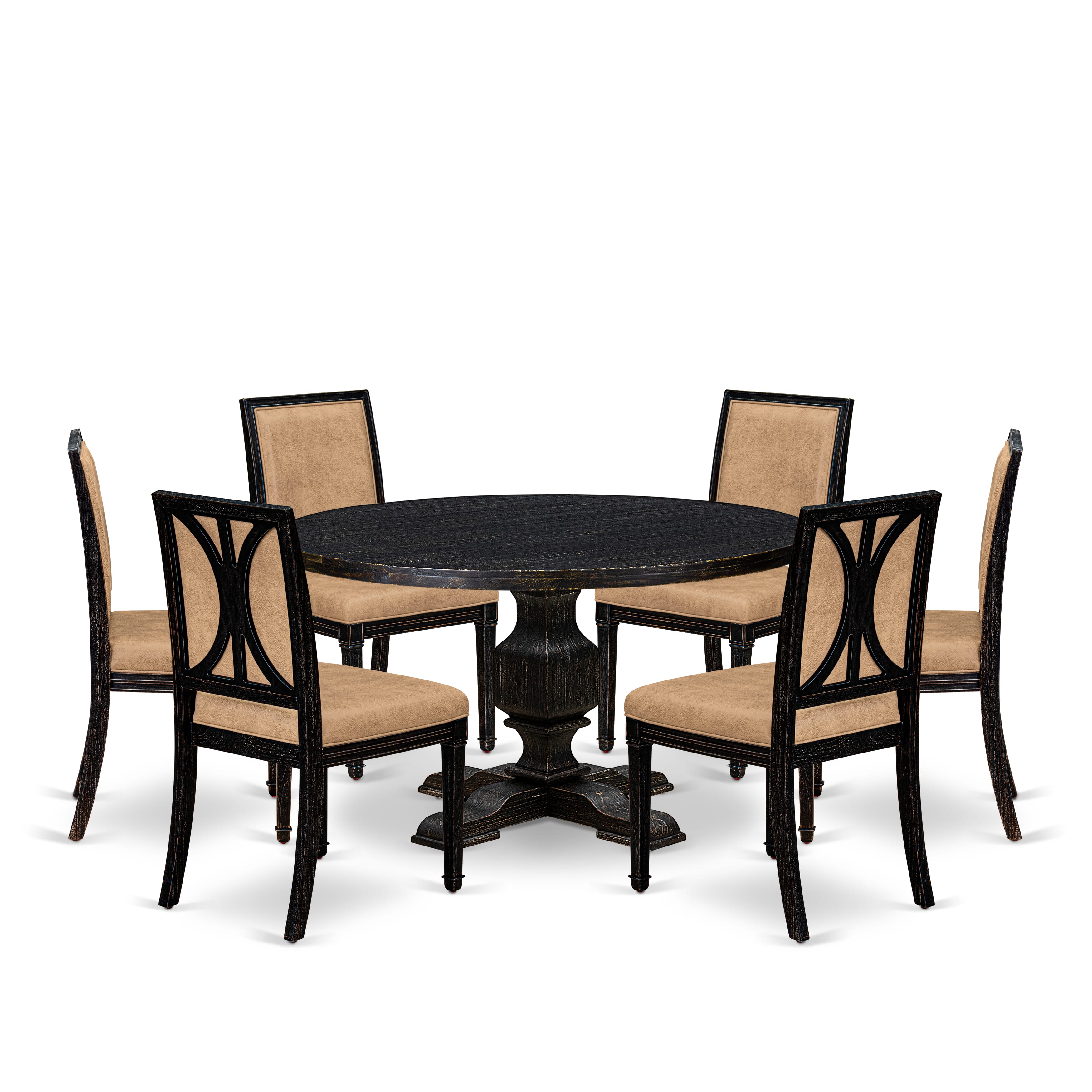 Luxe by East West Furniture - I3AM7-511-28 7-Piece Dining Room Table Set Consists of a Round Wooden Table and 6 Dark Gray Polyester Chairs with High Back, Sand Blasting Black Finish.