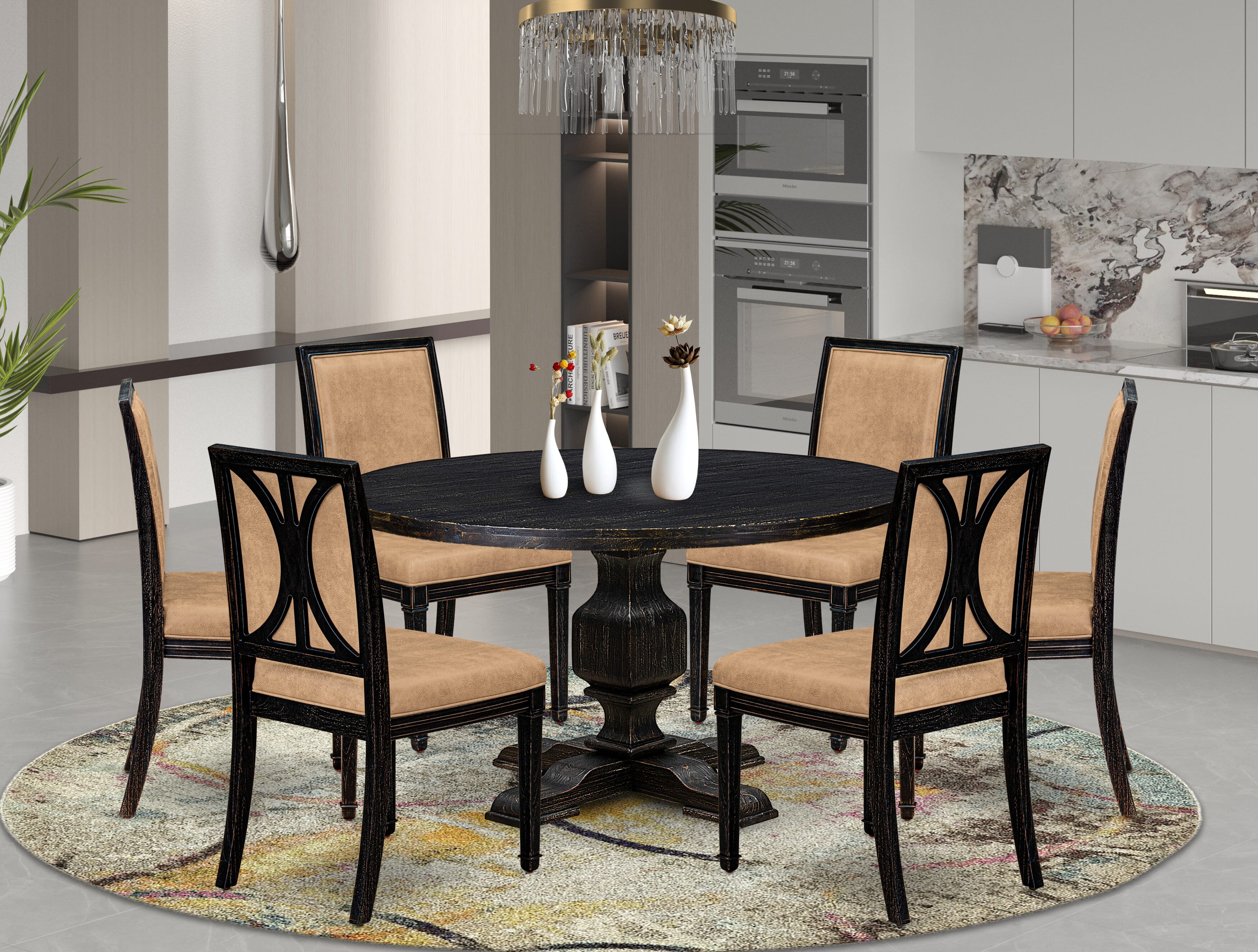 Luxe by East West Furniture - I3AM7-511-28 7-Piece Dining Room Table Set Consists of a Round Wooden Table and 6 Dark Gray Polyester Chairs with High Back, Sand Blasting Black Finish.