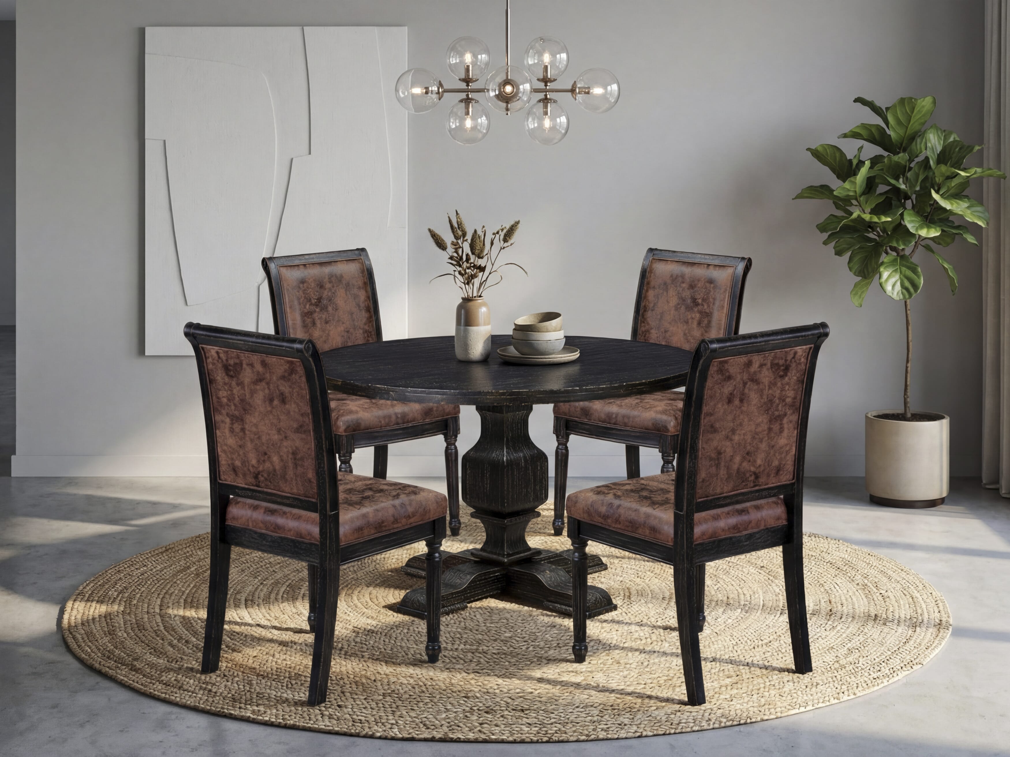 Luxe by East West Furniture - I3CY5-411-33 5-Piece Dining Table Set Contains a Round Mid Century Dining Table and 4 Beige Polyester Chairs with High Back, Sand Blasting Black Finish.