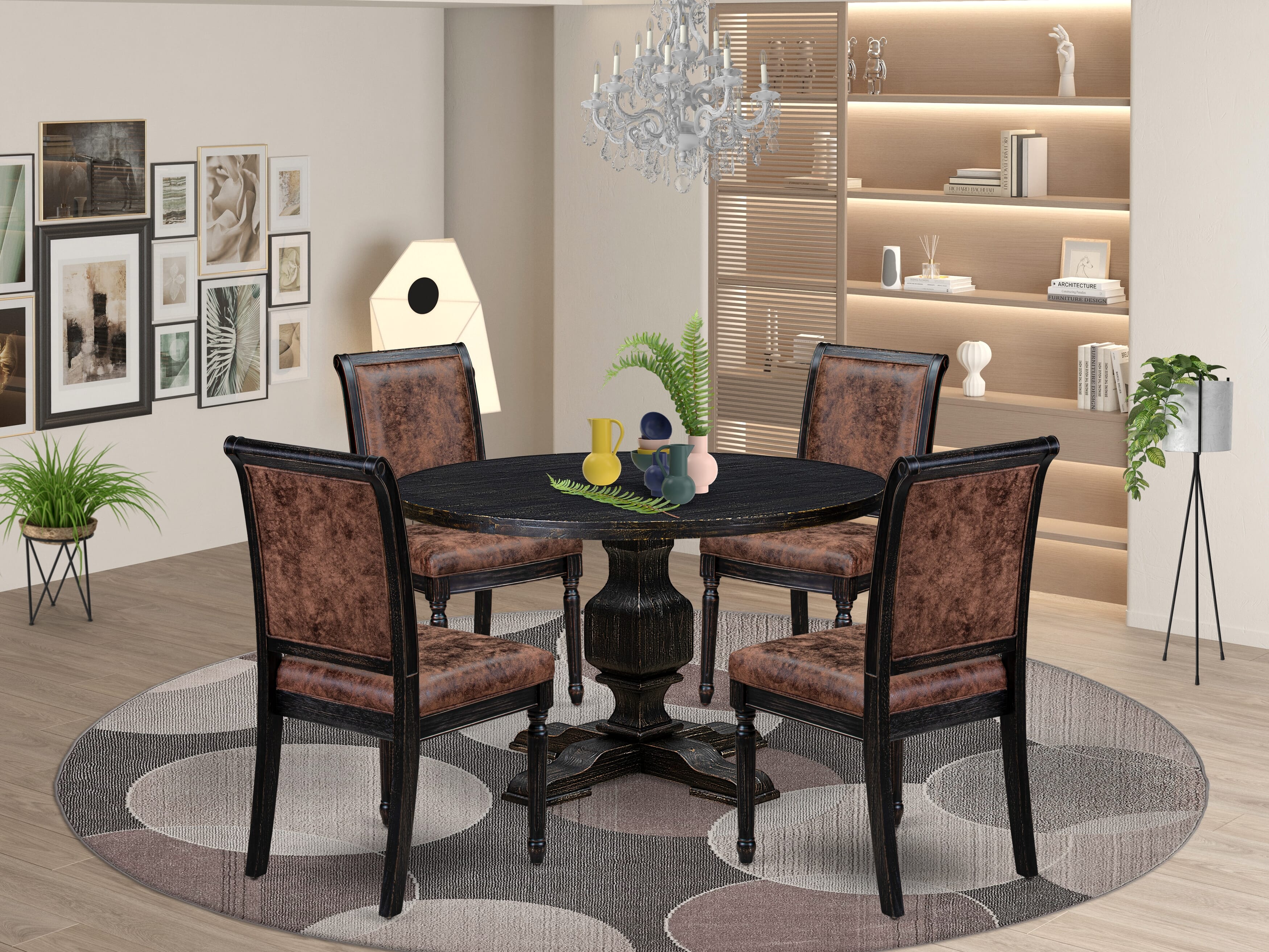 Luxe by East West Furniture - I3CY5-411-33 5-Piece Dining Table Set Contains a Round Mid Century Dining Table and 4 Beige Polyester Chairs with High Back, Sand Blasting Black Finish.
