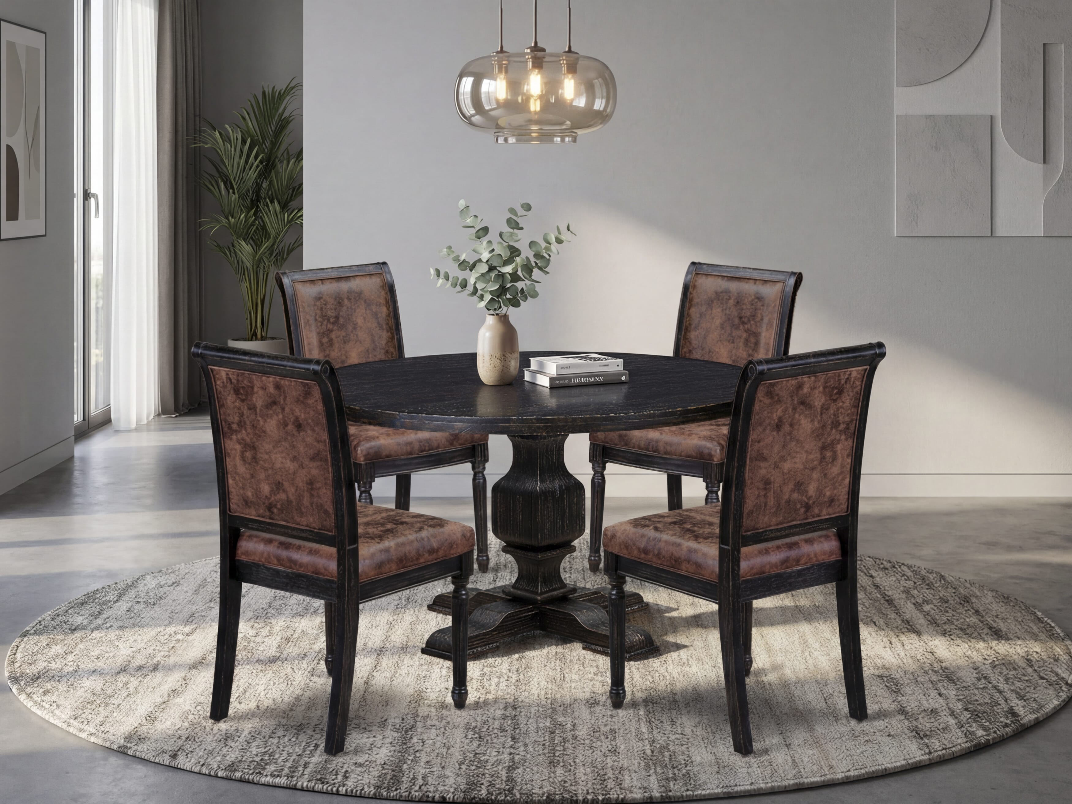 Luxe by East West Furniture - I3CY5-511-33 5-Piece Kitchen Table Set Includes a Round Wooden Dining Table and 4 Brown Textured Polyester Chairs with High Back, Sand Blasting Black Finish.