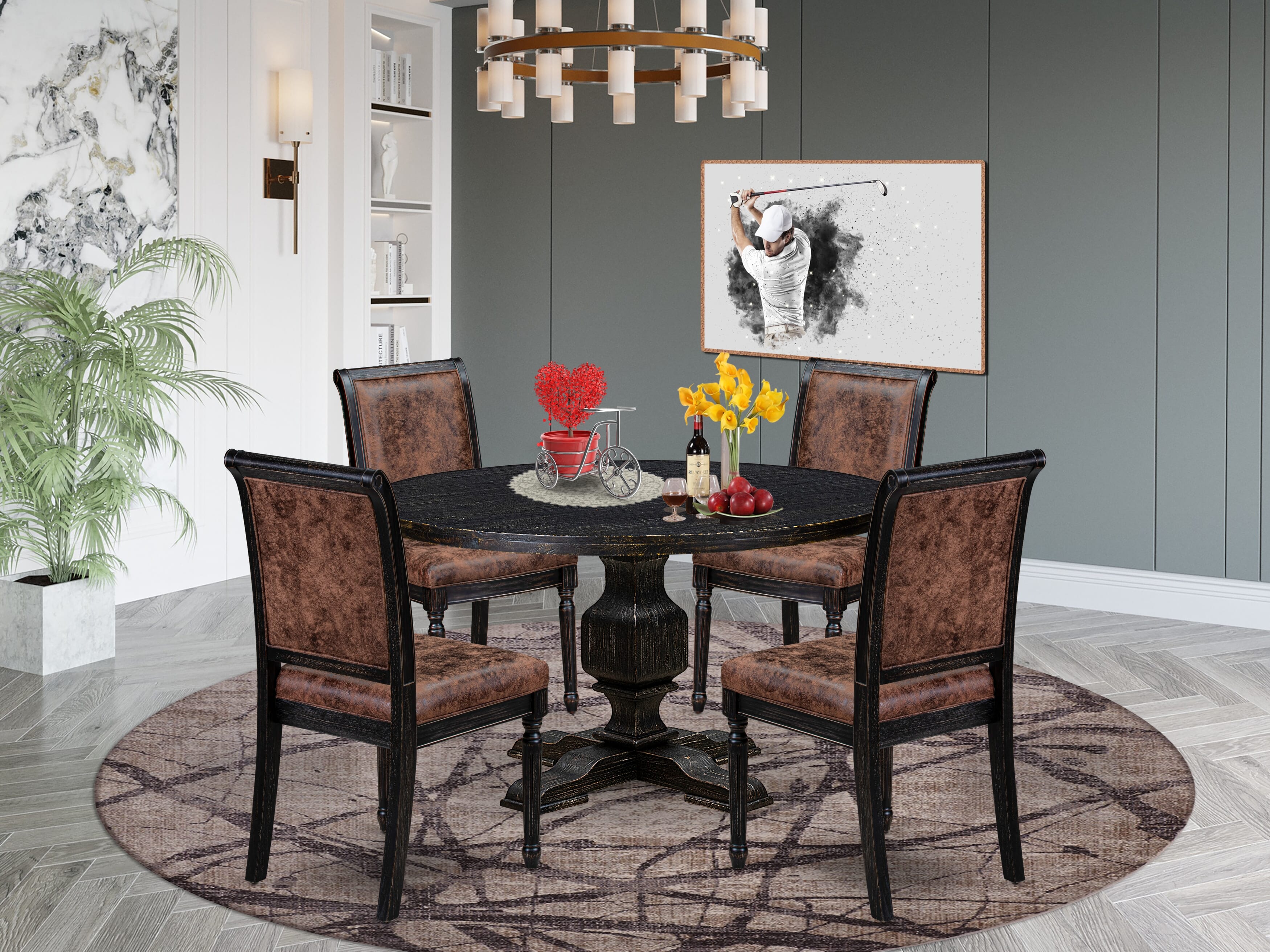 Luxe by East West Furniture - I3CY5-511-33 5-Piece Kitchen Table Set Includes a Round Wooden Dining Table and 4 Brown Textured Polyester Chairs with High Back, Sand Blasting Black Finish.