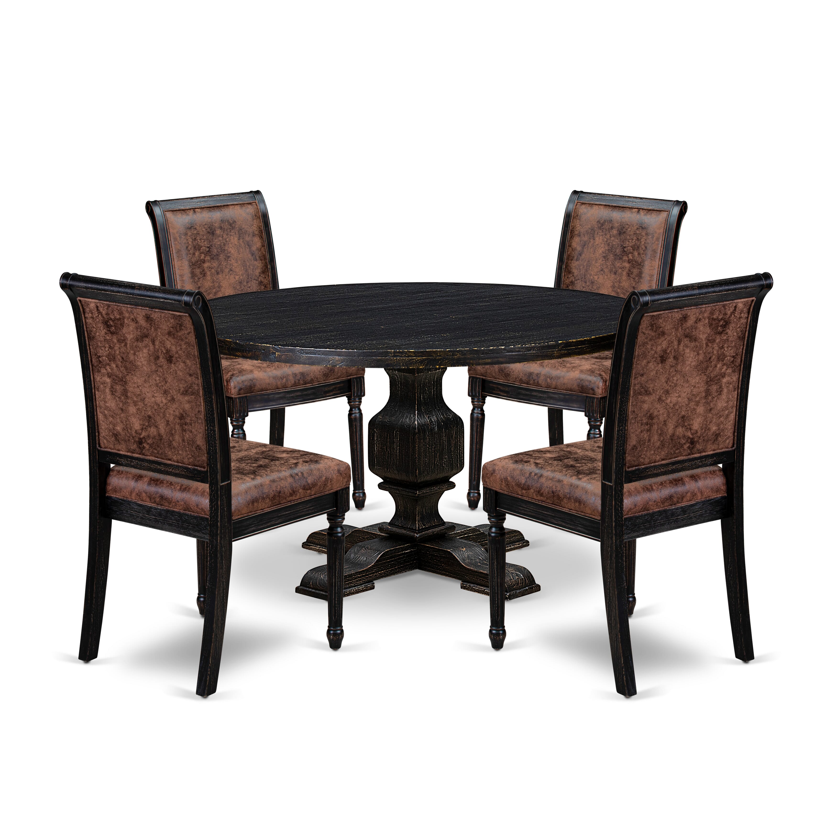Luxe by East West Furniture - I3CY5-511-33 5-Piece Kitchen Table Set Includes a Round Wooden Dining Table and 4 Brown Textured Polyester Chairs with High Back, Sand Blasting Black Finish.