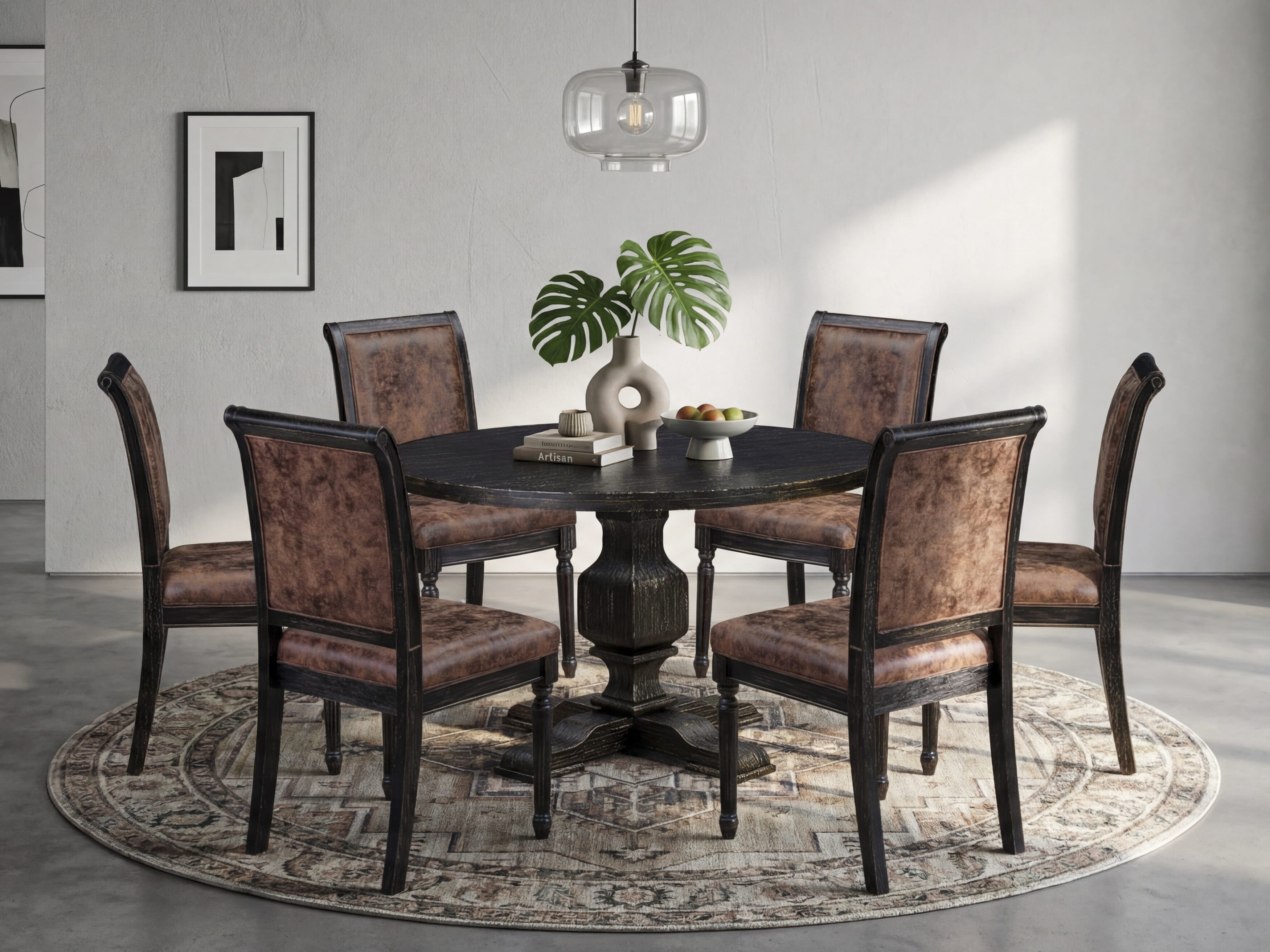 Luxe by East West Furniture - I3CY7-411-33 7-Piece Dining Set Consists of a Round Modern Table and 6 Brown Textured Polyester Chairs with High Back, Sand Blasting Black Finish.