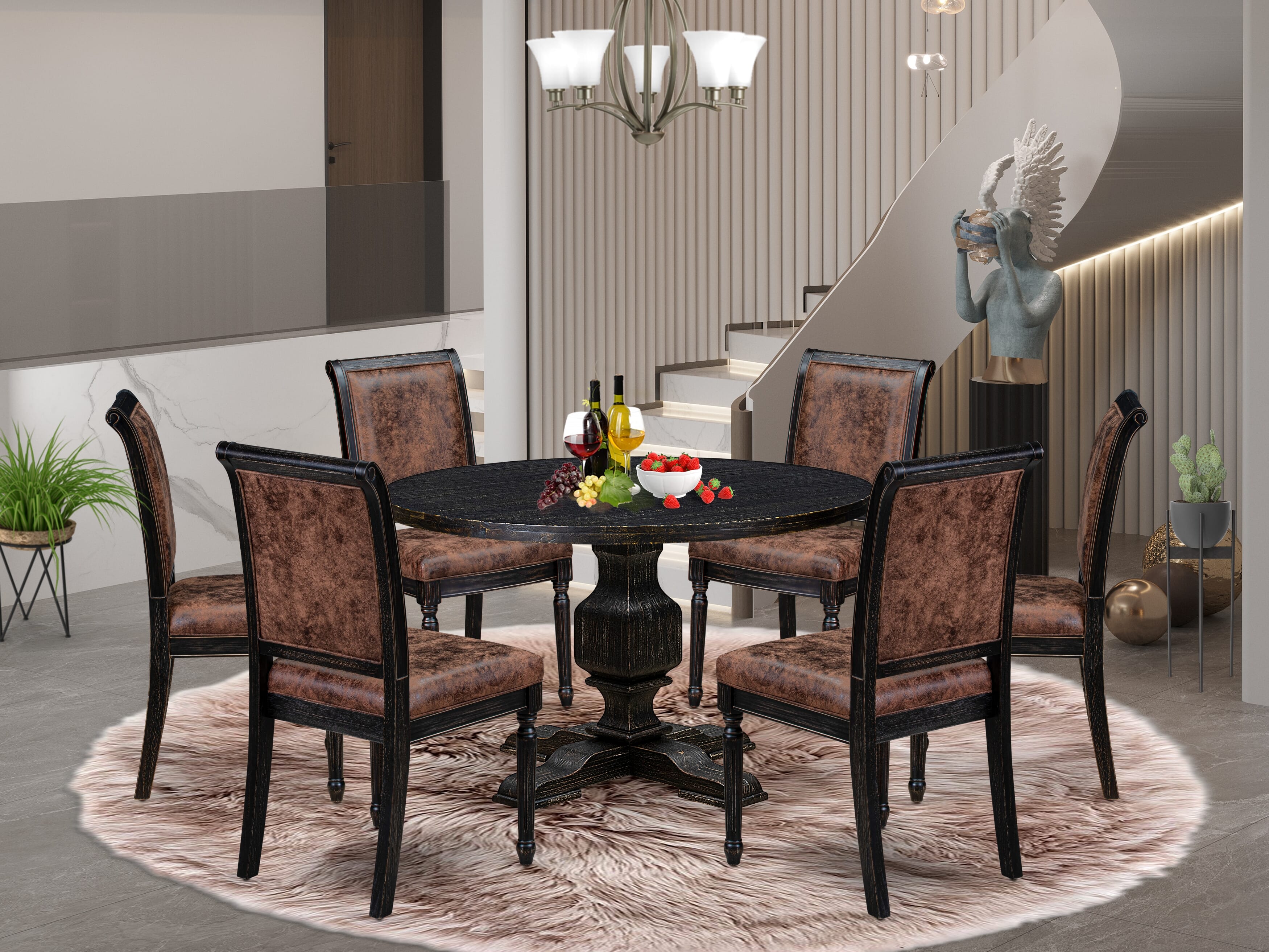 Luxe by East West Furniture - I3CY7-411-33 7-Piece Dining Set Consists of a Round Modern Table and 6 Brown Textured Polyester Chairs with High Back, Sand Blasting Black Finish.