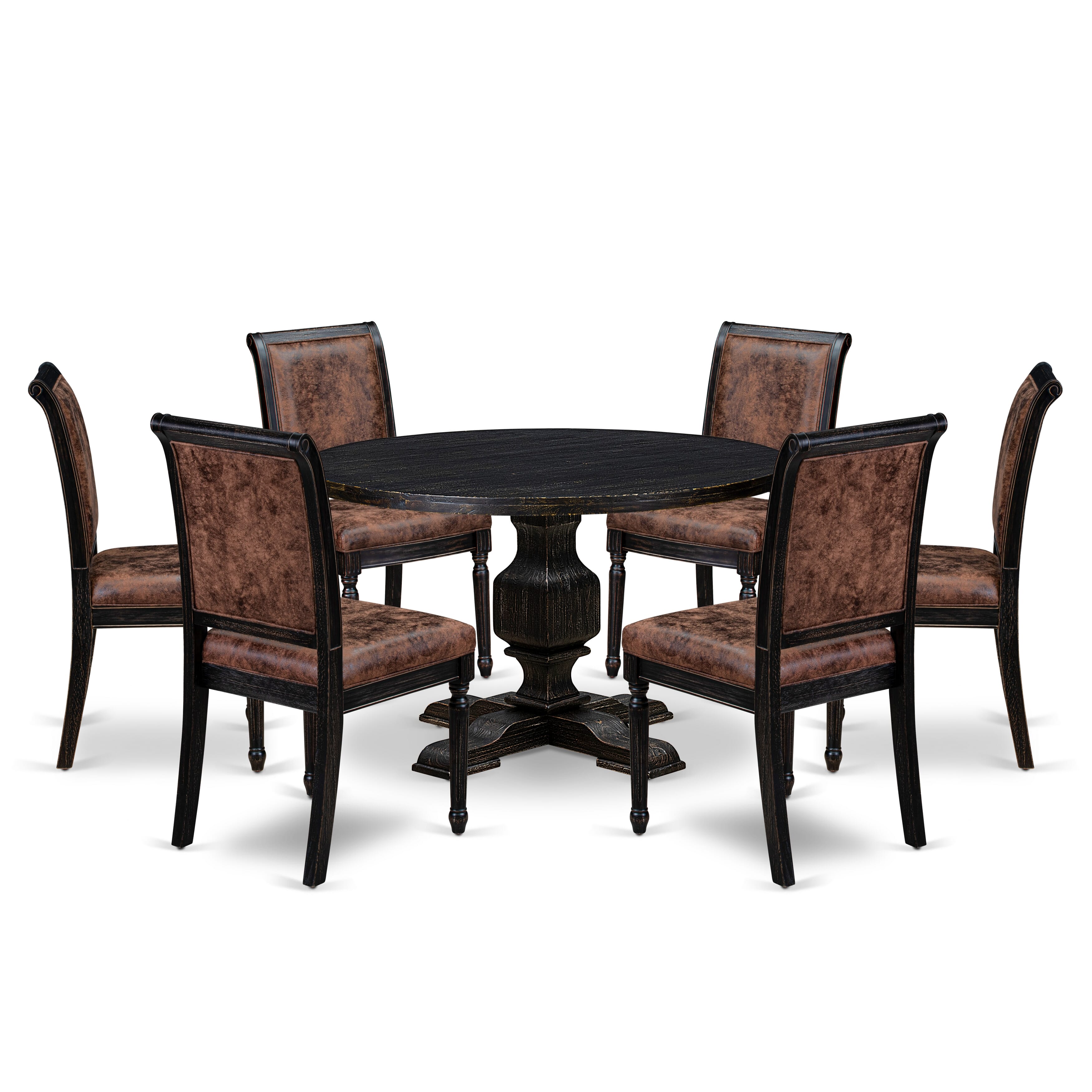Luxe by East West Furniture - I3CY7-411-33 7-Piece Dining Set Consists of a Round Modern Table and 6 Brown Textured Polyester Chairs with High Back, Sand Blasting Black Finish.