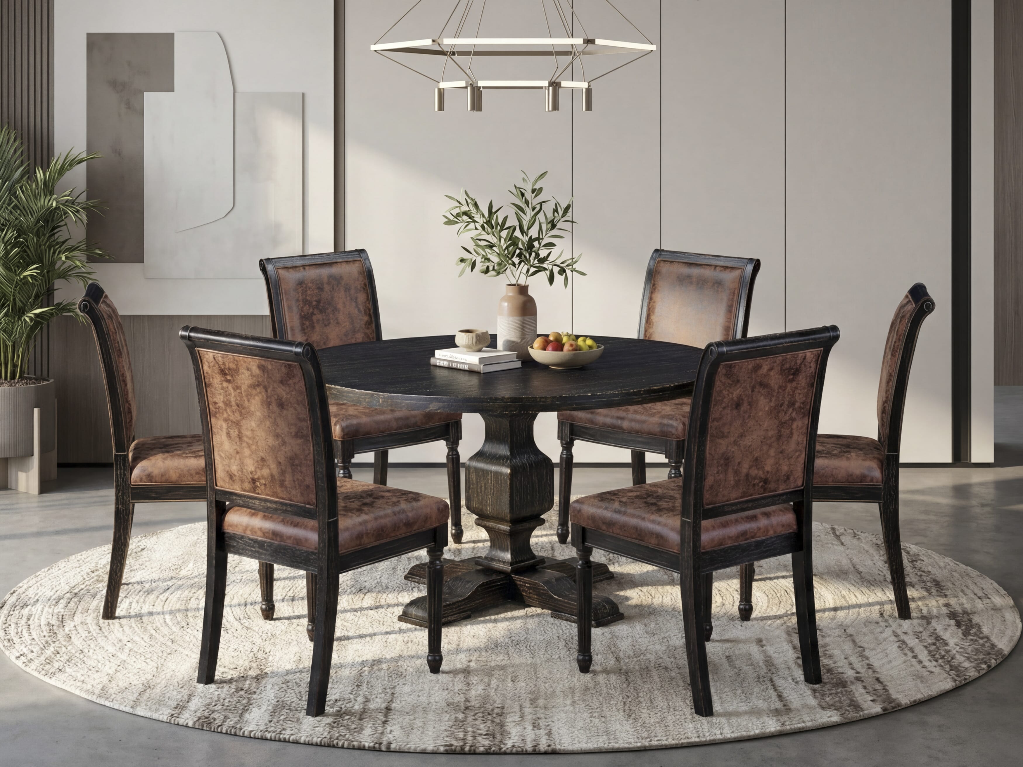 Luxe by East West Furniture - I3CY7-511-33 7-Piece Dining Room Set Contains a Round Modern Kitchen Table and 6 Brown Textured Polyester Chairs with High Back, Sand Blasting Black Finish.