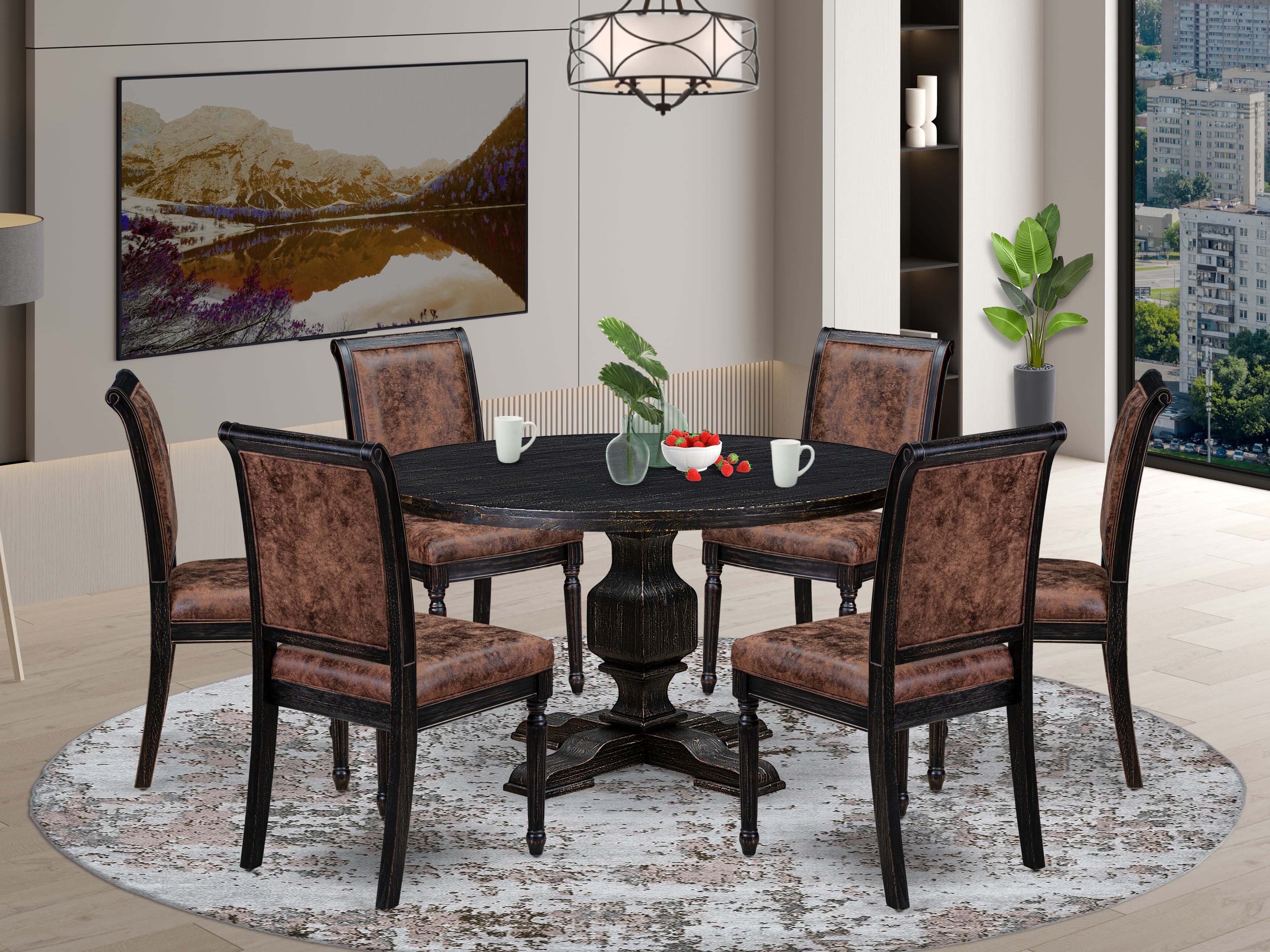 Luxe by East West Furniture - I3CY7-511-33 7-Piece Dining Room Set Contains a Round Modern Kitchen Table and 6 Brown Textured Polyester Chairs with High Back, Sand Blasting Black Finish.