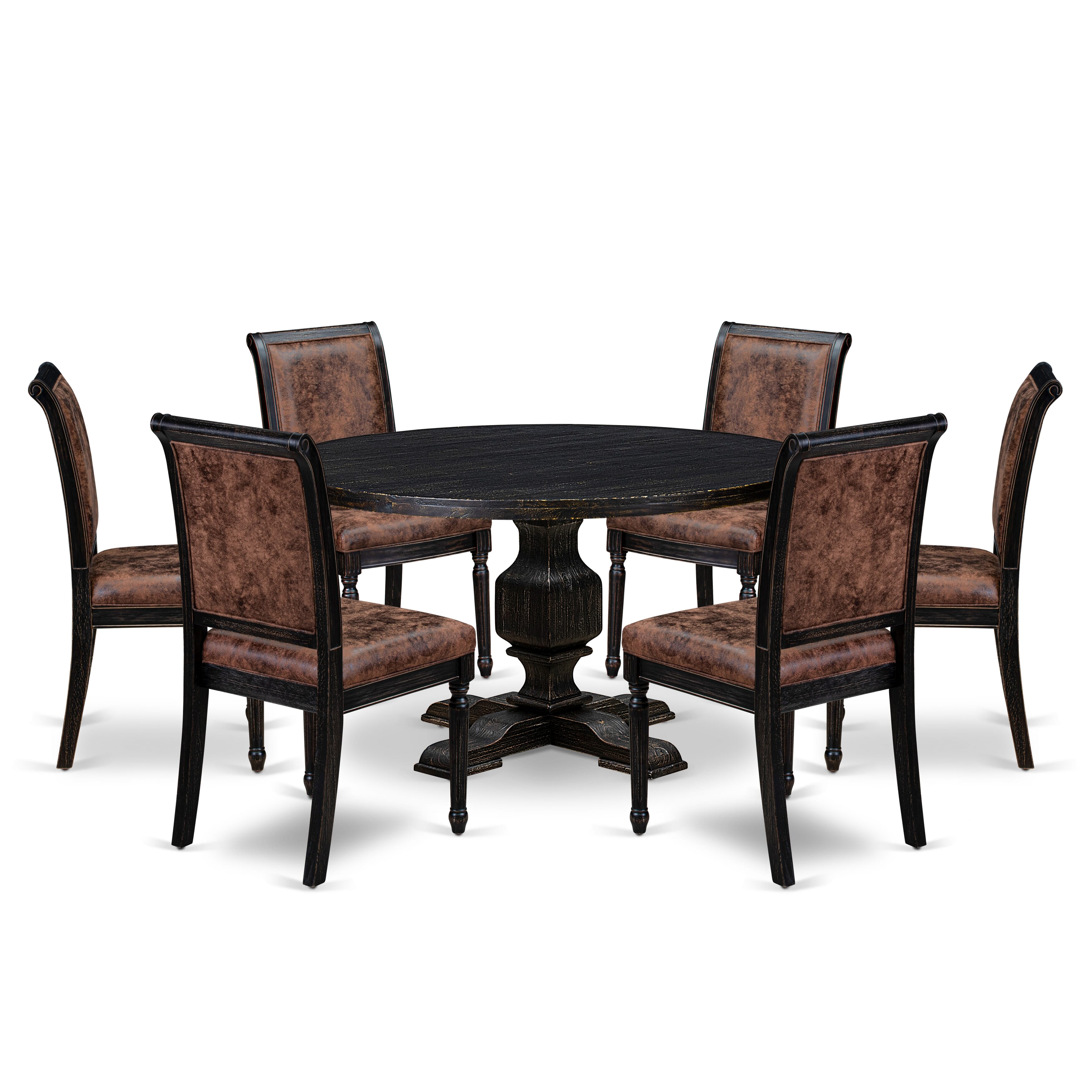 Luxe by East West Furniture - I3CY7-511-33 7-Piece Dining Room Set Contains a Round Modern Kitchen Table and 6 Brown Textured Polyester Chairs with High Back, Sand Blasting Black Finish.