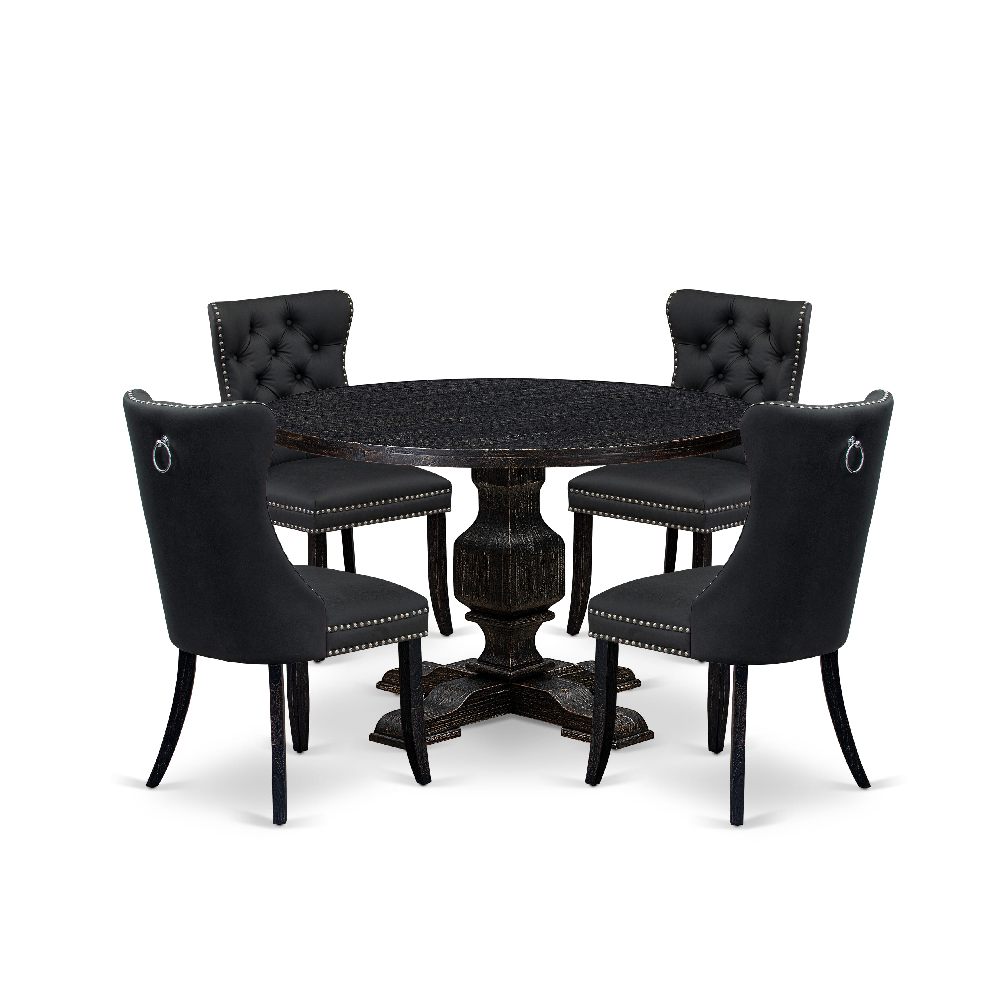 Luxe by East West Furniture I3DA5-411-12 5-Piece Kitchen Dining Set with Faux Leather 4 Dark Gray kitchen chairs, Button-Tufted Backs, and a 48"Round Dinner Table in Sand Blasted Black Finish.