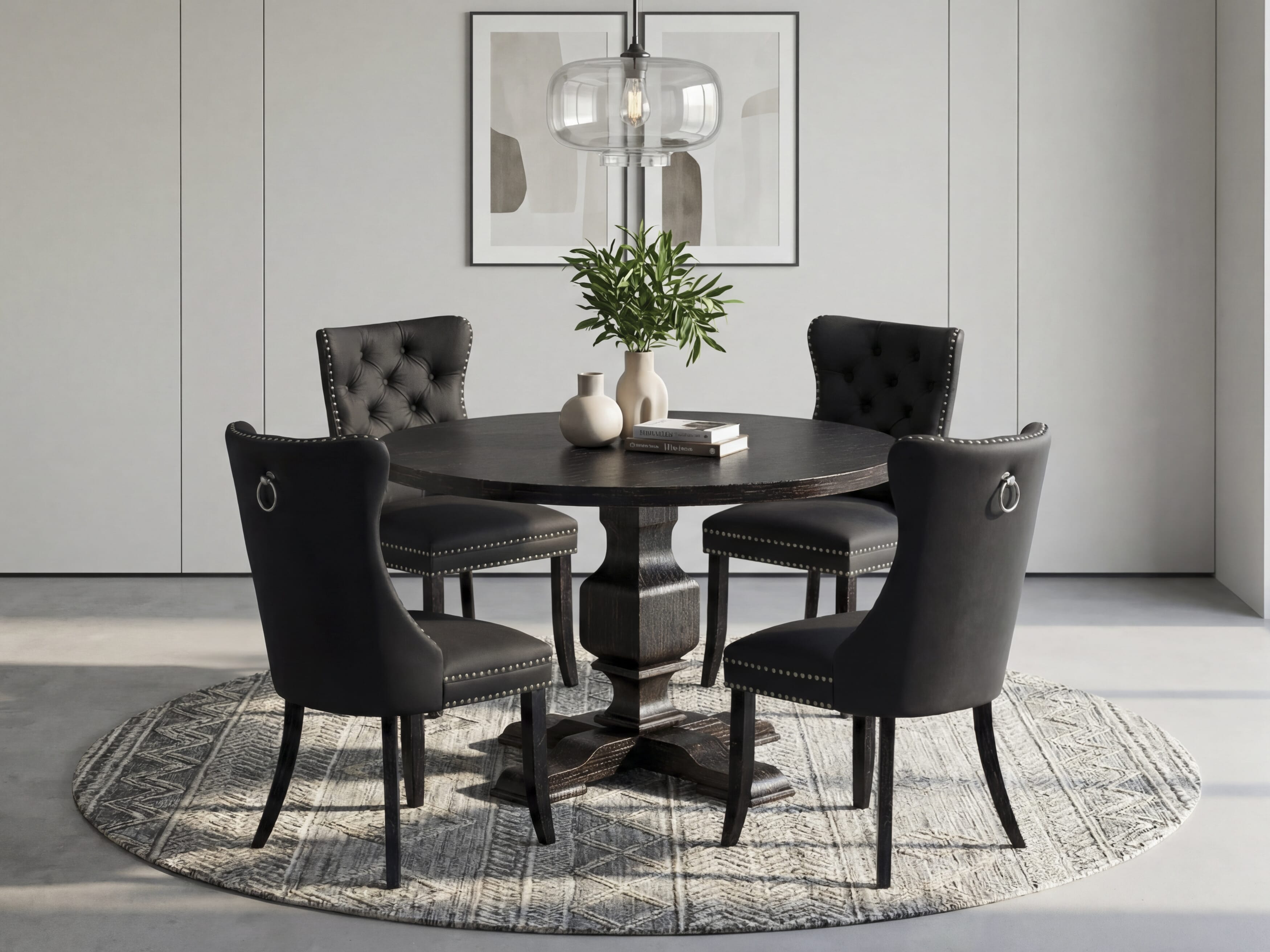 Luxe by East West Furniture I3DA5-411-12 5-Piece Kitchen Dining Set with Faux Leather 4 Dark Gray kitchen chairs, Button-Tufted Backs, and a 48"Round Dinner Table in Sand Blasted Black Finish.