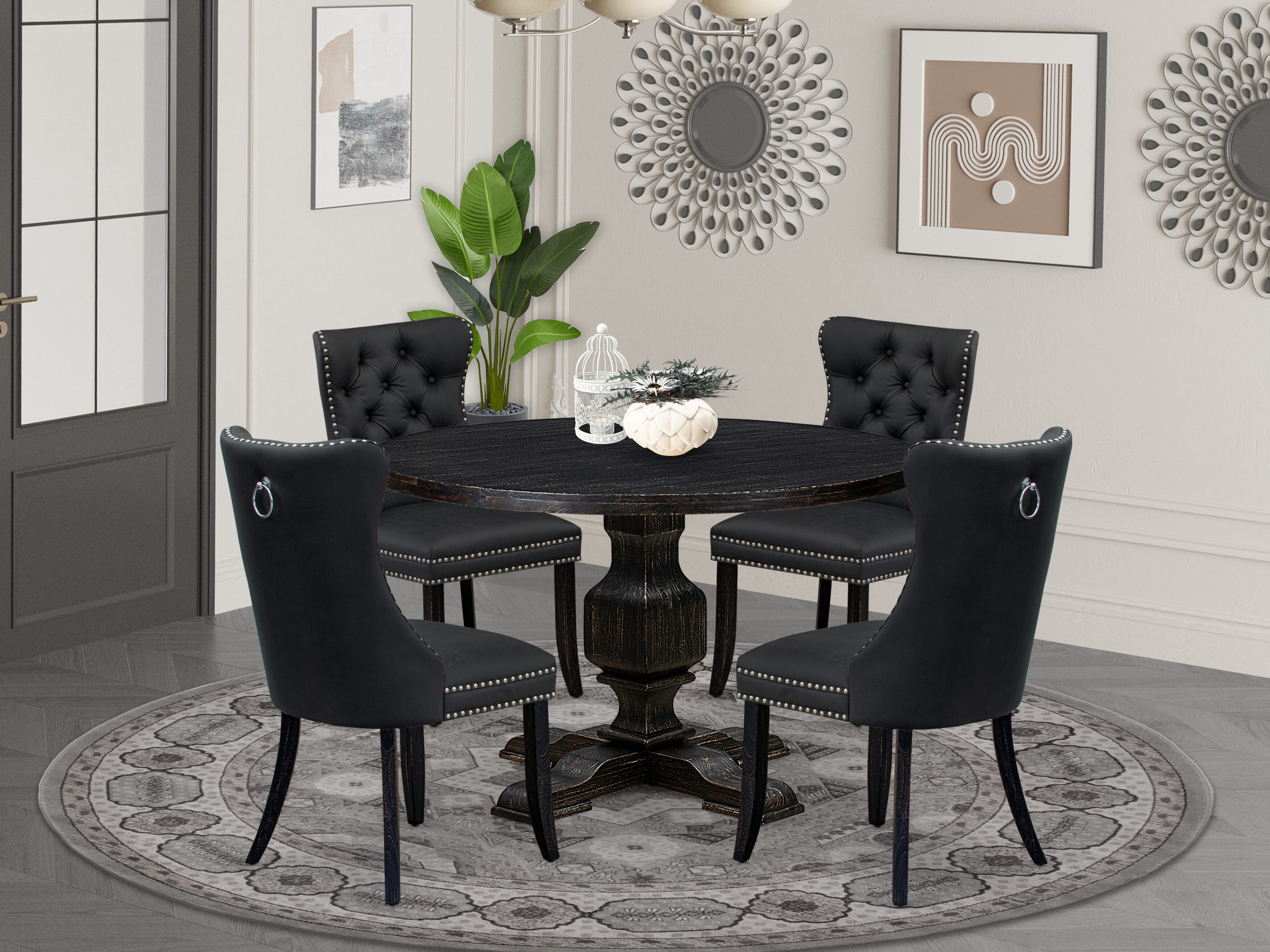 Luxe by East West Furniture I3DA5-411-12 5-Piece Kitchen Dining Set with Faux Leather 4 Dark Gray kitchen chairs, Button-Tufted Backs, and a 48"Round Dinner Table in Sand Blasted Black Finish.
