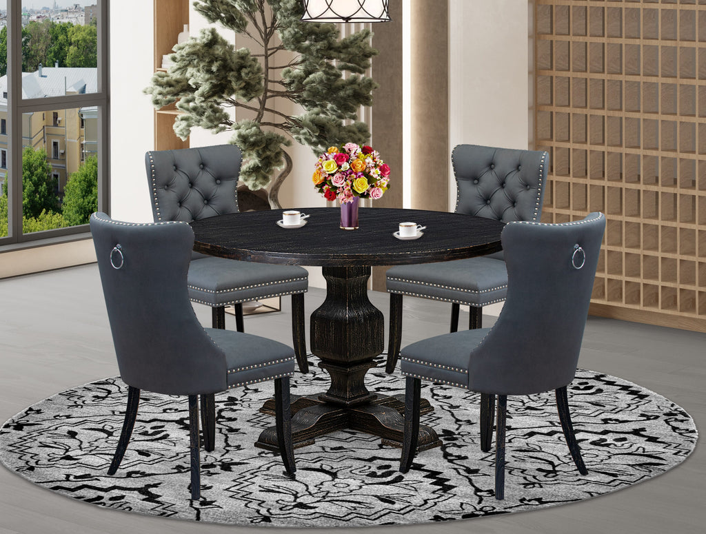 Luxe by East West Furniture I3DA5-411-13 5-piece Dining Table Set with Faux Leather 4 Platinum Gray kitchen chairs, Button-Tufted Backs, and a 48"Round Table in Sand Blasted Black Finish.