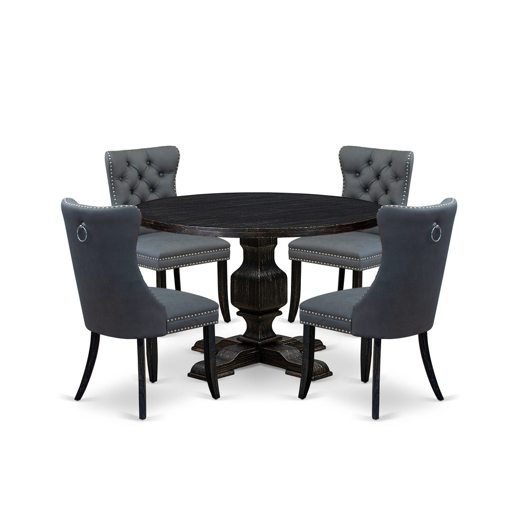 Luxe by East West Furniture I3DA5-411-13 5-piece Dining Table Set with Faux Leather 4 Platinum Gray kitchen chairs, Button-Tufted Backs, and a 48"Round Table in Sand Blasted Black Finish.