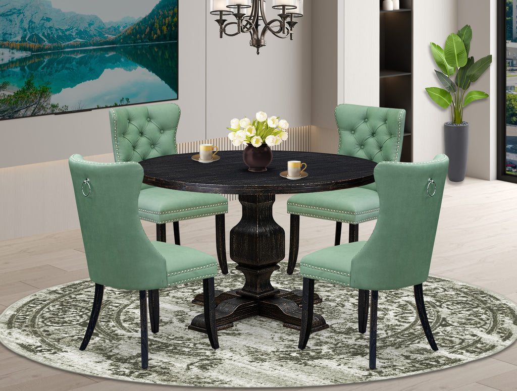 Luxe by East West Furniture I3DA5-411-22 5 Piece Dining Set Contains a 48" Round Table with Pedestal and 4 Willow Green Faux Leather Upholstered Chairs, Sand Blasted Black