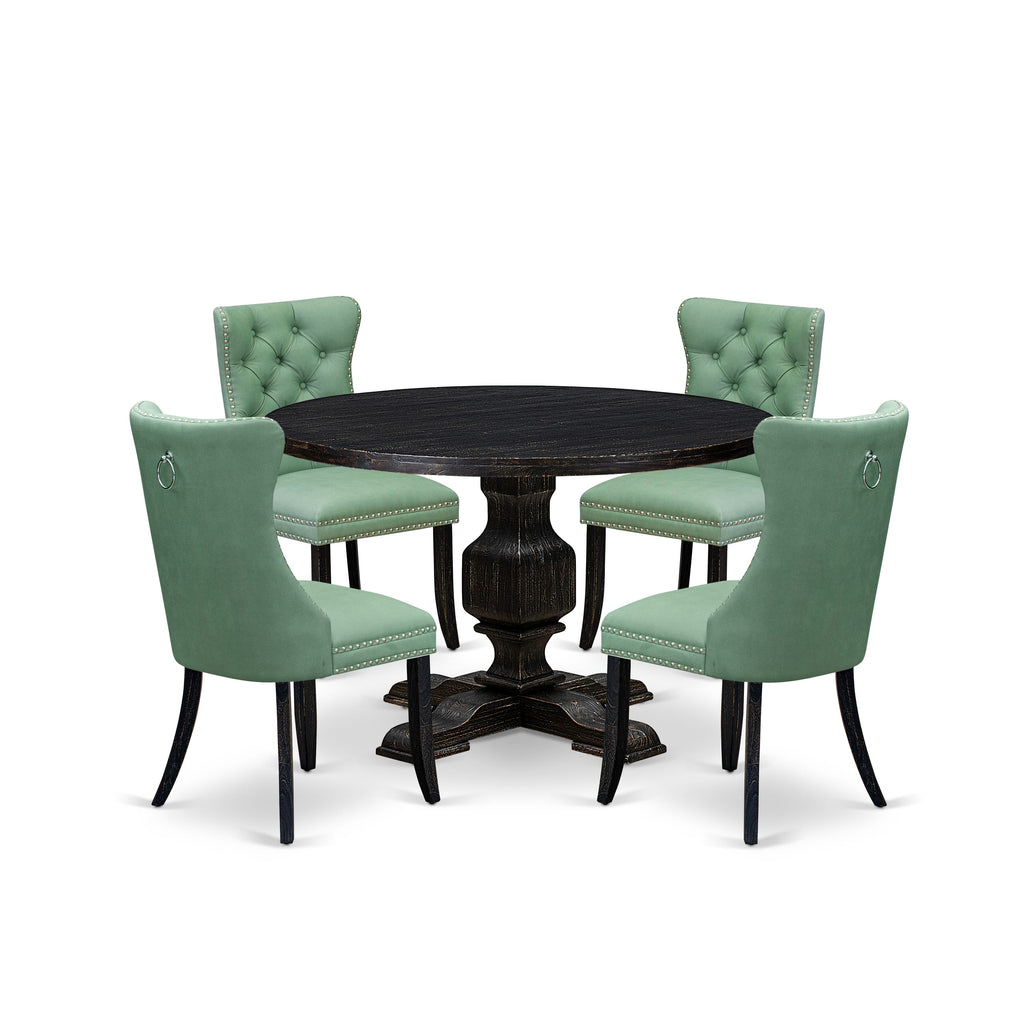 Luxe by East West Furniture I3DA5-411-22 5 Piece Dining Set Contains a 48" Round Table with Pedestal and 4 Willow Green Faux Leather Upholstered Chairs, Sand Blasted Black