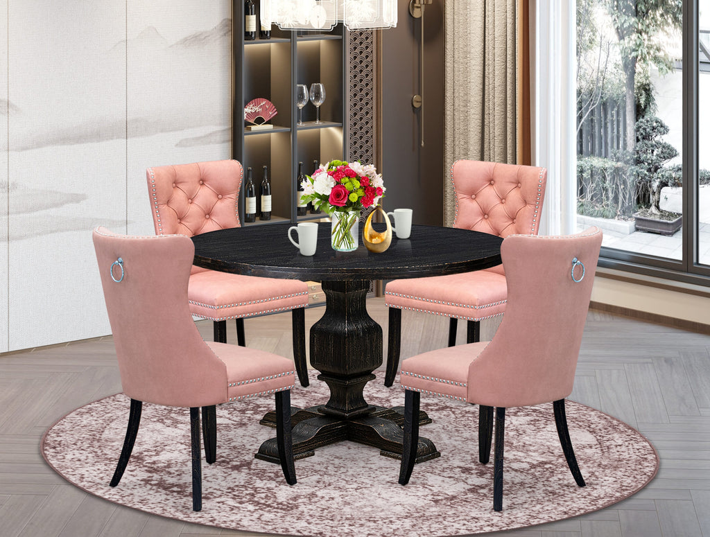 Luxe by East West Furniture I3DA5-411-23 5 Piece Dining Set for 4 Contains a 48" Round Table with Pedestal and 4 Beige Red Faux Leather Upholstered Chairs, Sand Blasted Black
