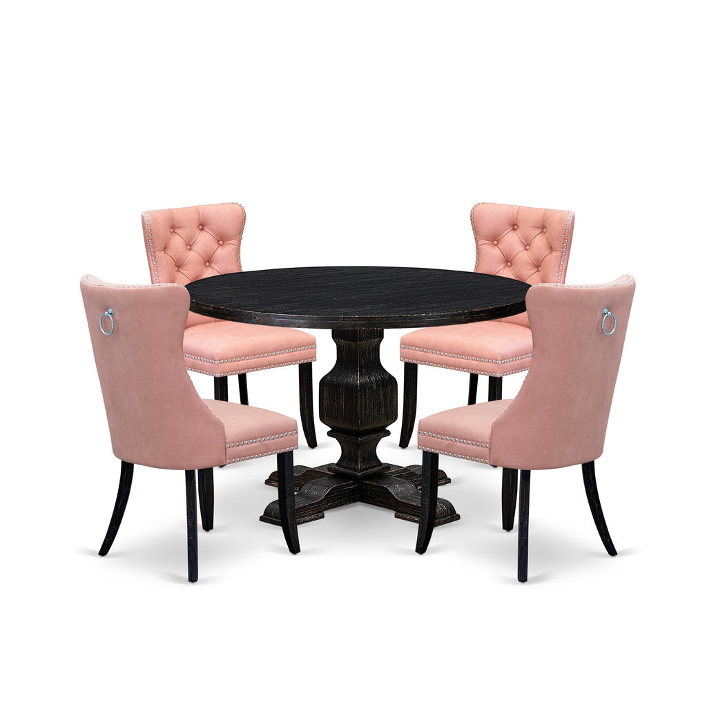 Luxe by East West Furniture I3DA5-411-23 5 Piece Dining Set for 4 Contains a 48" Round Table with Pedestal and 4 Beige Red Faux Leather Upholstered Chairs, Sand Blasted Black