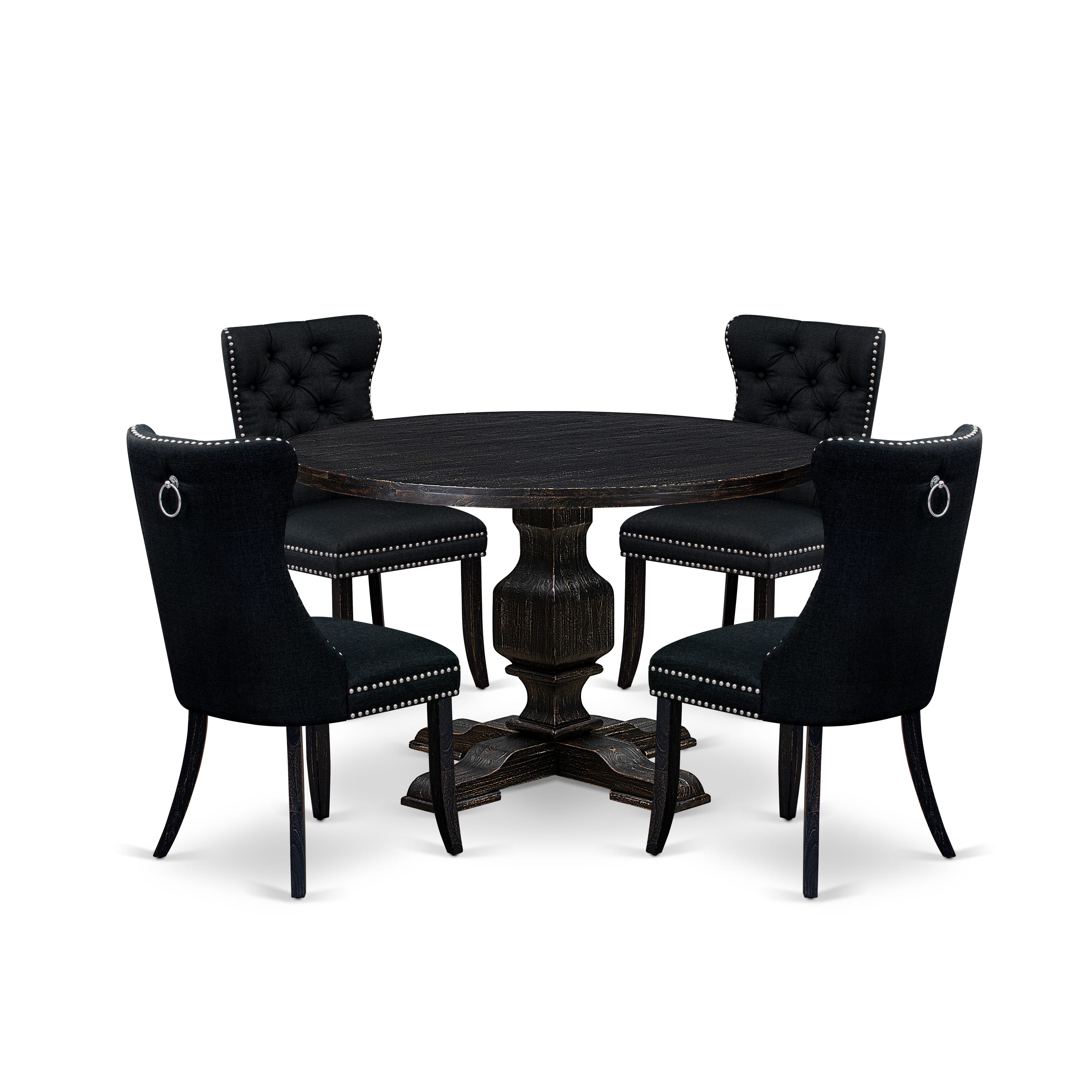 Luxe by East West Furniture I3DA5-411-24 5 Piece Dining Room Set Consists of a 48" Round Table with Pedestal and 4 Black Linen Fabric Upholstered Chairs, Sand Blasted Black