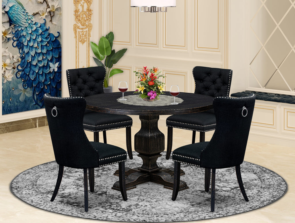 Luxe by East West Furniture I3DA5-411-24 5 Piece Dining Room Set Consists of a 48" Round Table with Pedestal and 4 Black Linen Fabric Upholstered Chairs, Sand Blasted Black