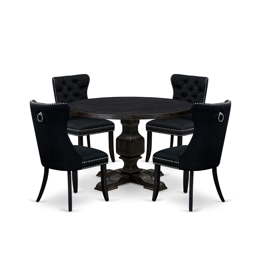 Luxe by East West Furniture I3DA5-411-24 5 Piece Dining Room Set Consists of a 48" Round Table with Pedestal and 4 Black Linen Fabric Upholstered Chairs, Sand Blasted Black