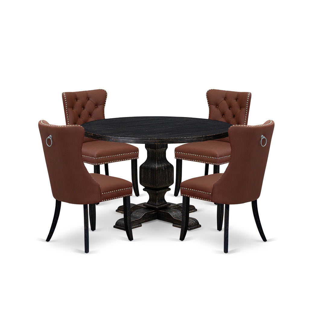 Luxe by East West Furniture I3DA5-411-26 5 Piece Dining Table Set Contains a 48" Round Table with Pedestal and 4 Burgandy Faux Leather Upholstered Chairs, Sand Blasted Black