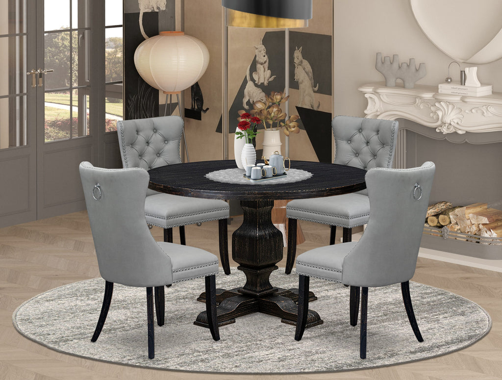 Luxe by East West Furniture I3DA5-411-27 5 Piece Dining Table Set Contains a 48" Round Table with Pedestal and 4 Light Gray Faux Leather Parson Chairs, Sand Blasted Black