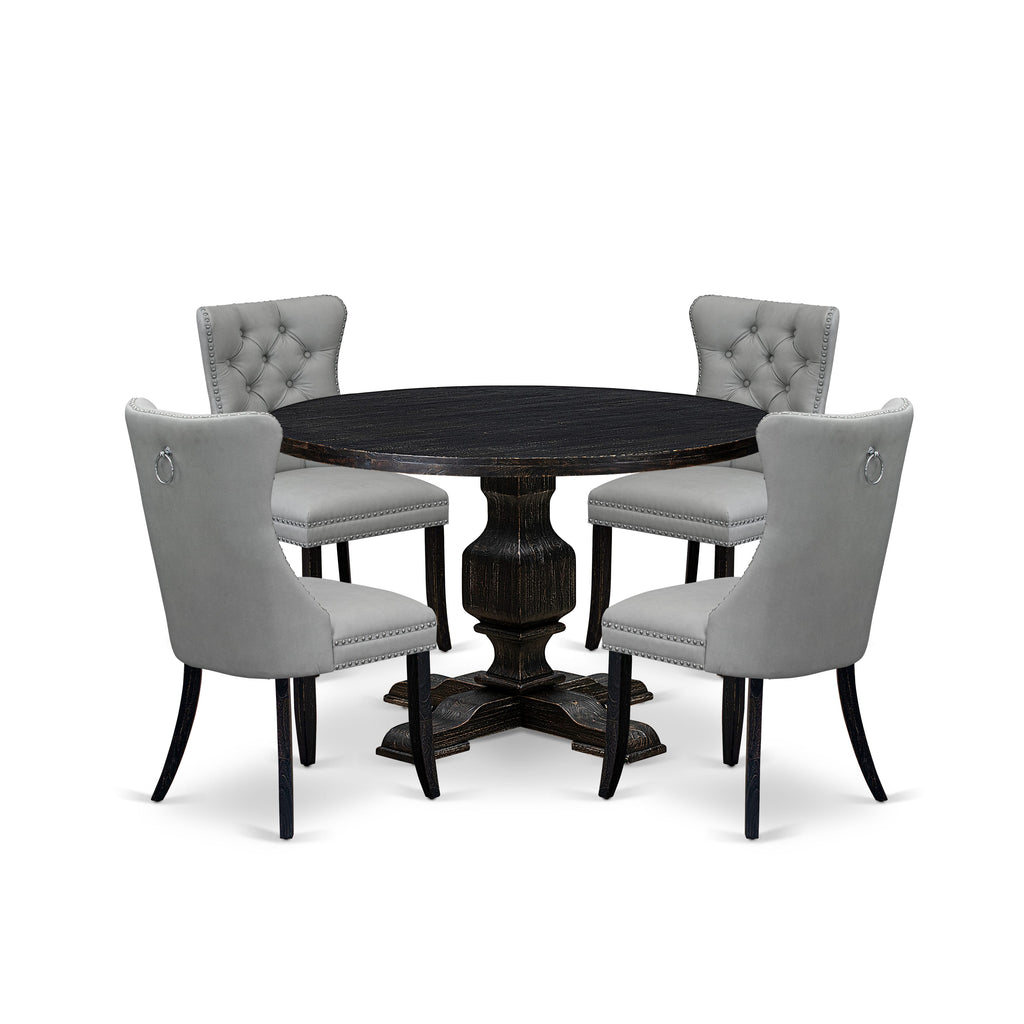 Luxe by East West Furniture I3DA5-411-27 5 Piece Dining Table Set Contains a 48" Round Table with Pedestal and 4 Light Gray Faux Leather Parson Chairs, Sand Blasted Black