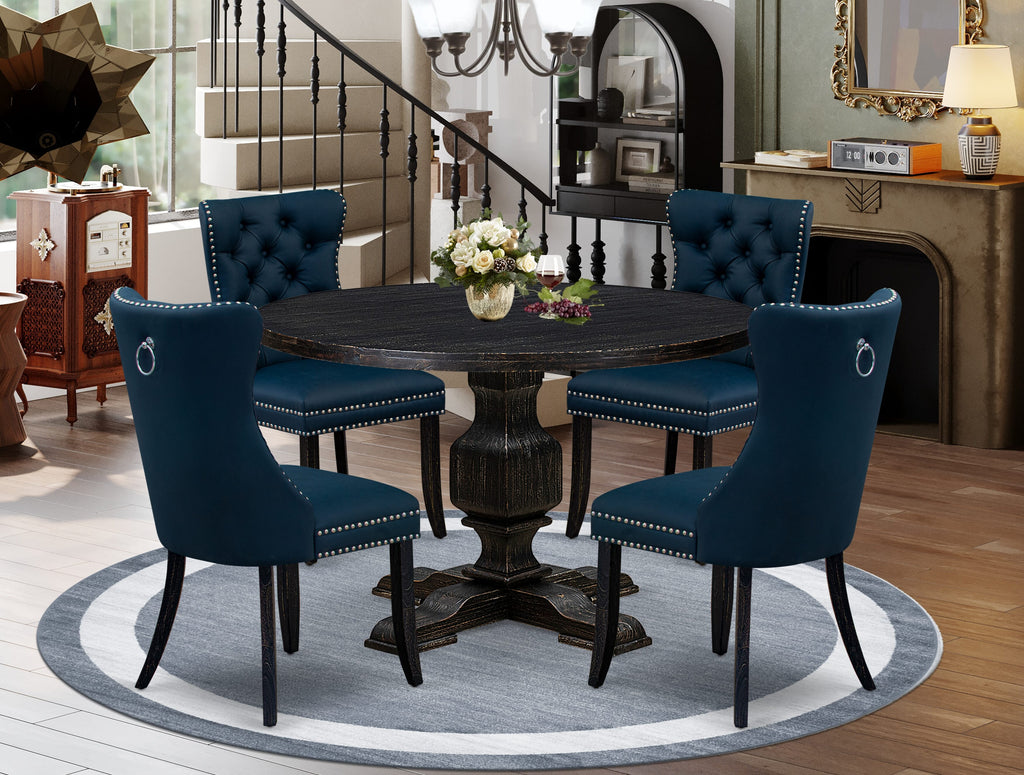 Luxe by East West Furniture I3DA5-411-29 5 Piece Dining Table Set Contains a 48" Round Table with Pedestal and 4 Navy Blue Faux Leather Upholstered Chairs, Sand Blasted Black