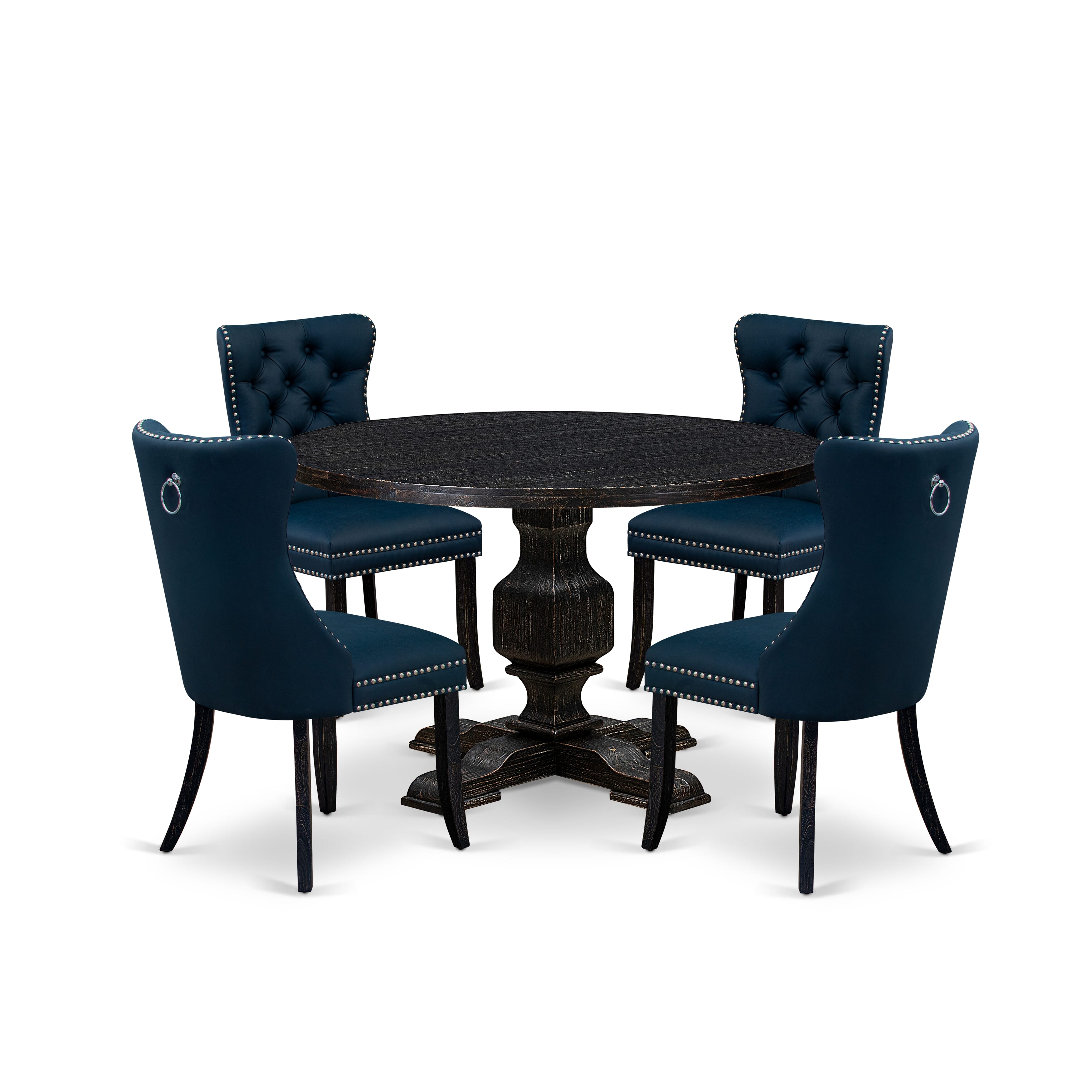 Luxe by East West Furniture I3DA5-411-29 5 Piece Dining Table Set Contains a 48" Round Table with Pedestal and 4 Navy Blue Faux Leather Upholstered Chairs, Sand Blasted Black