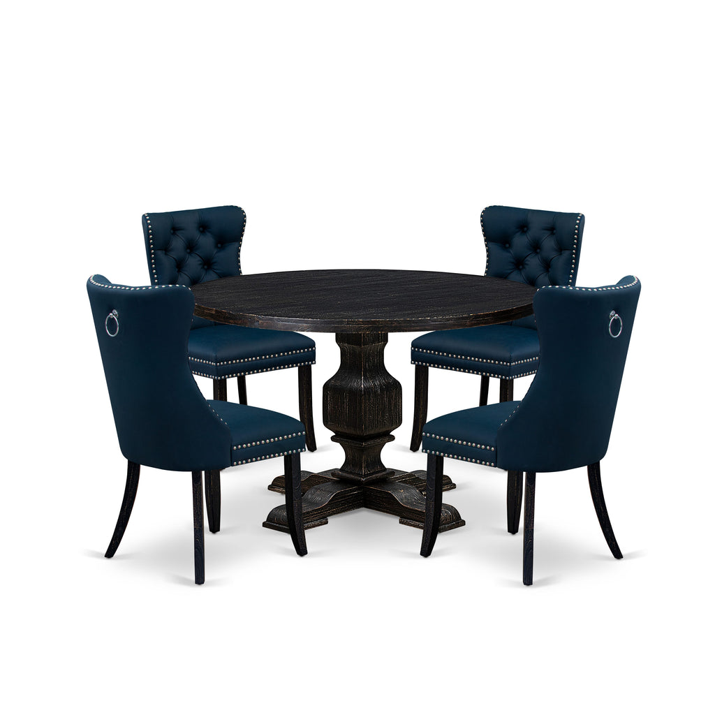 Luxe by East West Furniture I3DA5-411-29 5 Piece Dining Table Set Contains a 48" Round Table with Pedestal and 4 Navy Blue Faux Leather Upholstered Chairs, Sand Blasted Black