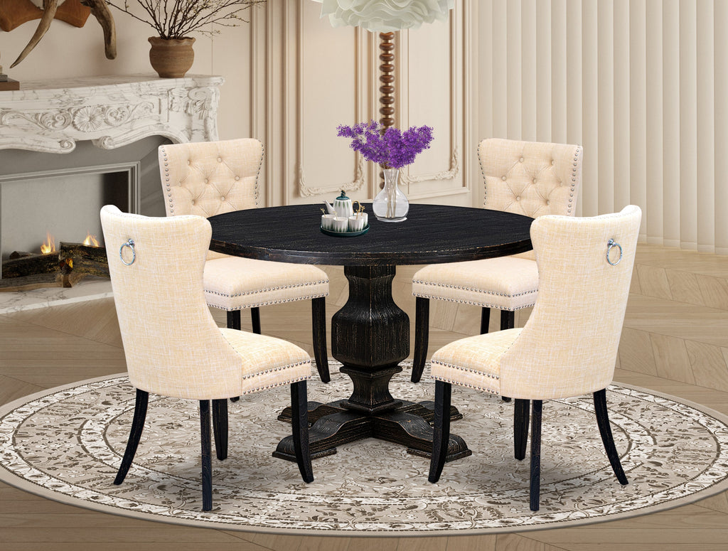 Luxe by East West Furniture I3DA5-411-32 5-pc kitchen table set included a wood table and 4 Light Beige Linen Fabric dining chairs with Button Tufted Back - Sand Blasted Black