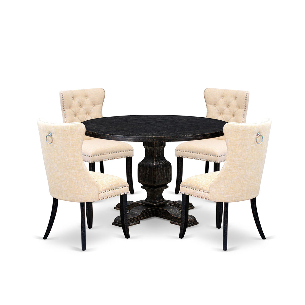 Luxe by East West Furniture I3DA5-411-32 5-pc kitchen table set included a wood table and 4 Light Beige Linen Fabric dining chairs with Button Tufted Back - Sand Blasted Black