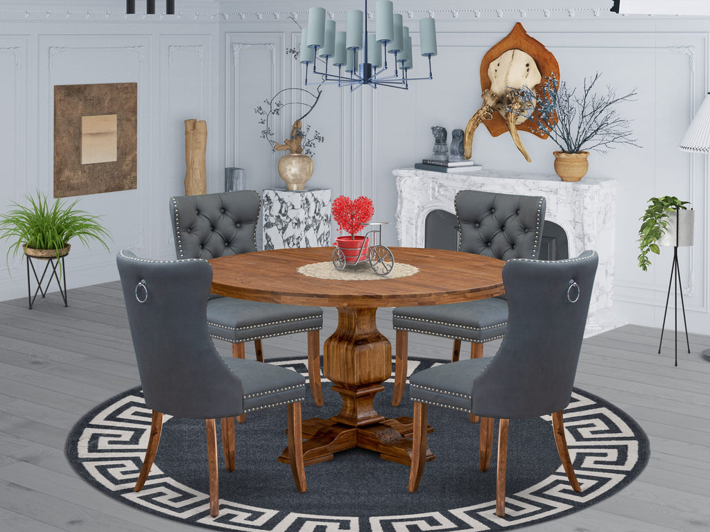 Luxe by East West Furniture I3DA5-50N-13 5-piece Dining table set included a Dining Room Table and 4 Platinum Gray Faux Leather Dining Chairs with Button Tufted Back - Antique Walnut Finish
