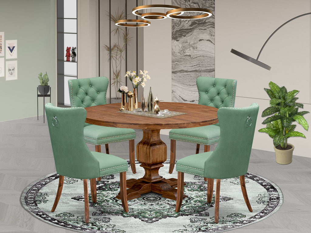 Luxe by East West Furniture I3DA5-50N-22 5-Pc Dining Set Include a Round Dining Table and 4 Willow Green Faux Leather Parson Chairs with Button-Tufted Back, Antique Walnut