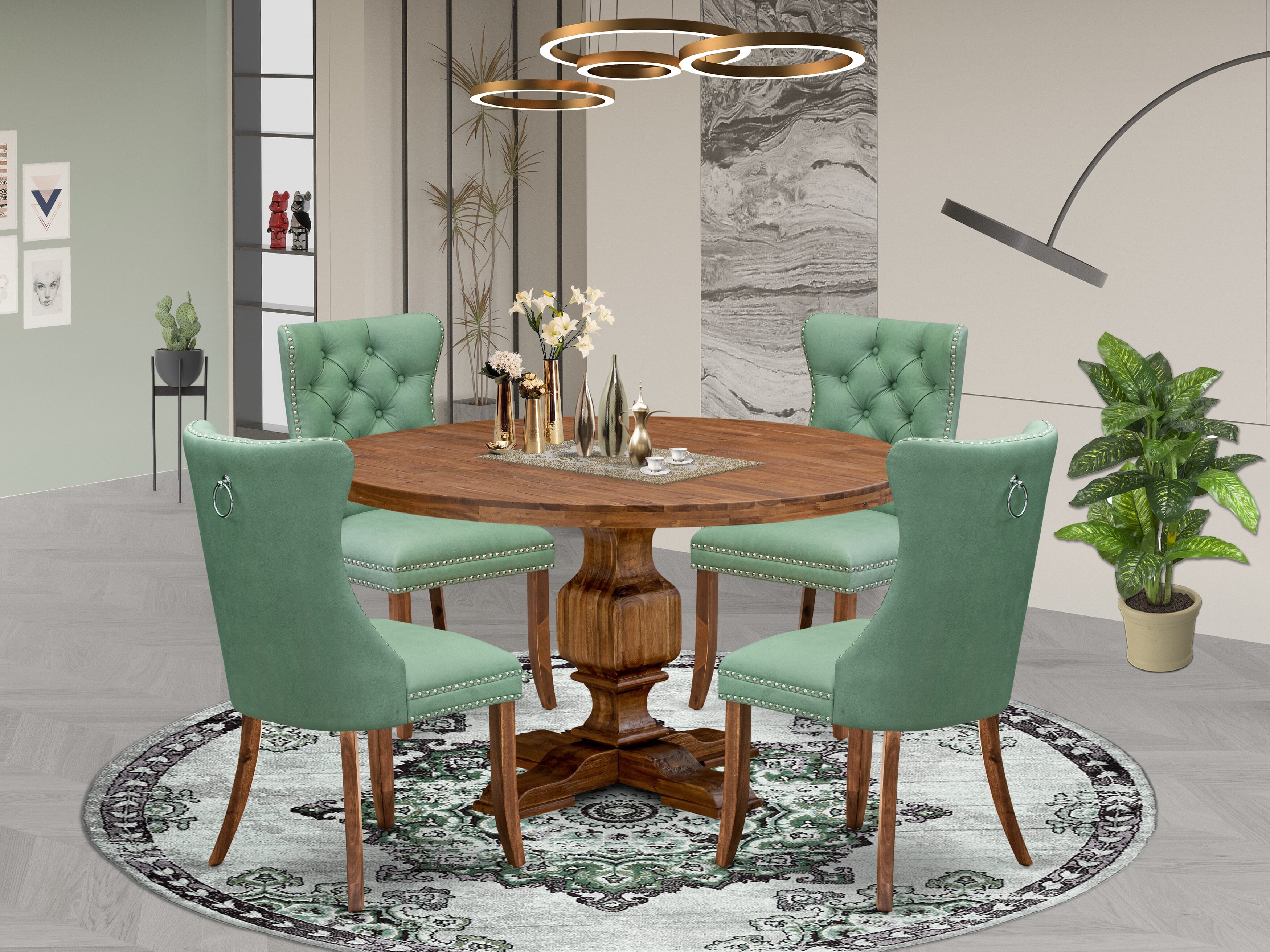 Luxe by East West Furniture I3DA5-50N-22 5-Pc Dining Set Includes a Round Dining Table and 4 Willow Green Faux Leather Parson Chairs with Button-Tufted Back, Antique Walnut