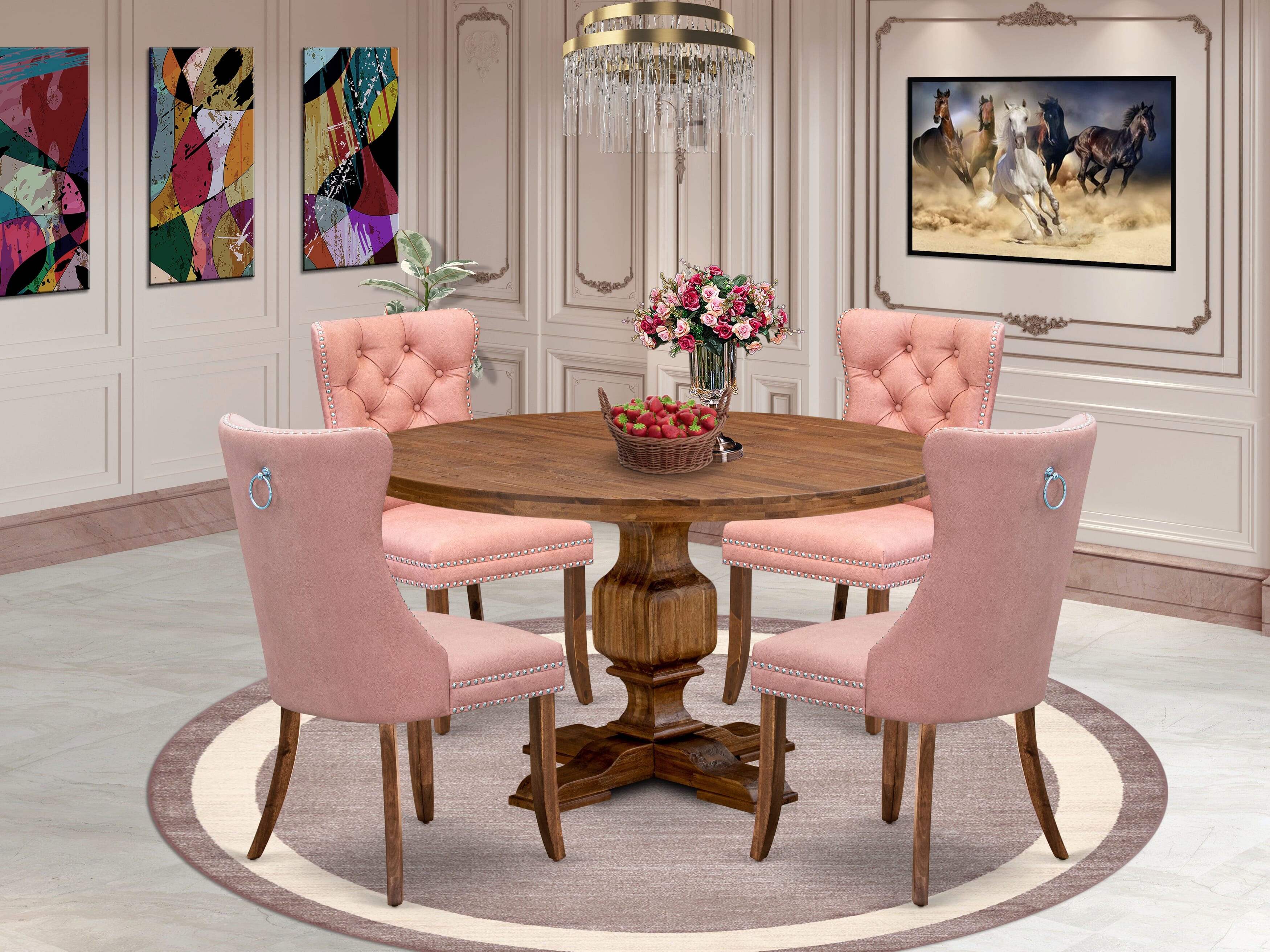 Luxe by East West Furniture I3DA5-50N-23 5-Pc Mid Century Modern Dining Set Includes a Round Table and 4 Beige Red Faux Leather Chairs with Button-Tufted Back, Antique Walnut