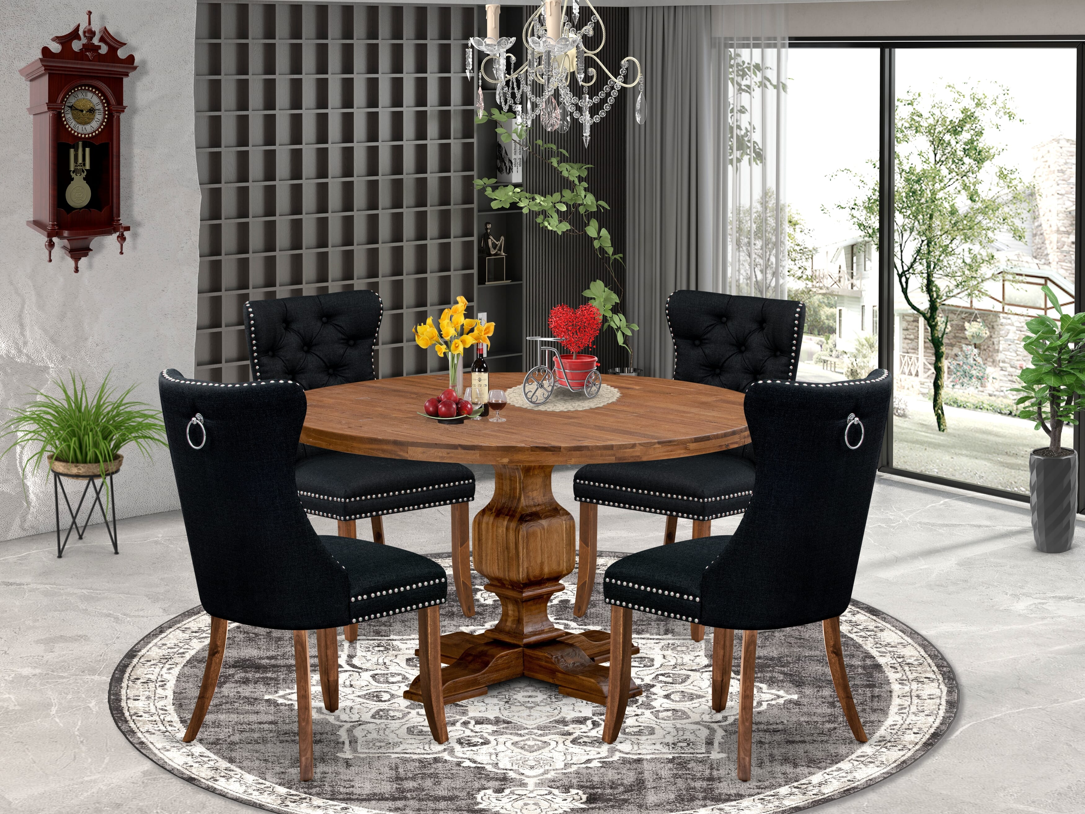 Luxe by East West Furniture I3DA5-50N-24 5-Piece Dining Table Set with Linen Fabric 4 Black Parson chairs, Button-Tufted Backs, and a 54"Round Dinner Table in Antique Walnut Finish.