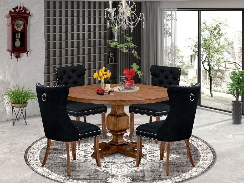 Luxe by East West Furniture I3DA5-50N-24 5-Piece Dining Table Set with Linen Fabric 4 Black Parson chairs, Button-Tufted Backs, and a 54"Round Dinner Table in Antique Walnut Finish.