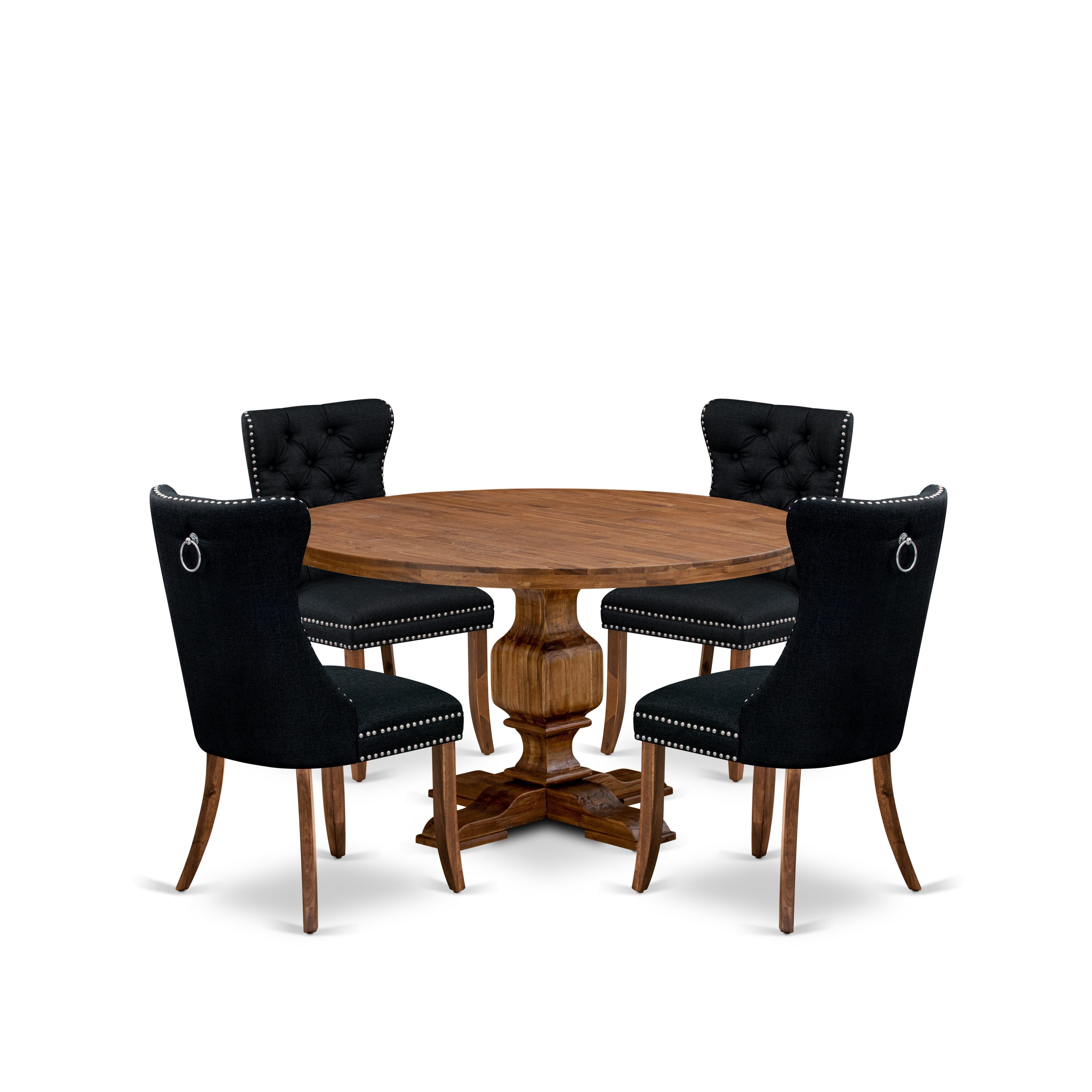 Luxe by East West Furniture I3DA5-50N-24 5-Piece Dining Table Set with Linen Fabric 4 Black Parson chairs, Button-Tufted Backs, and a 54"Round Dinner Table in Antique Walnut Finish.