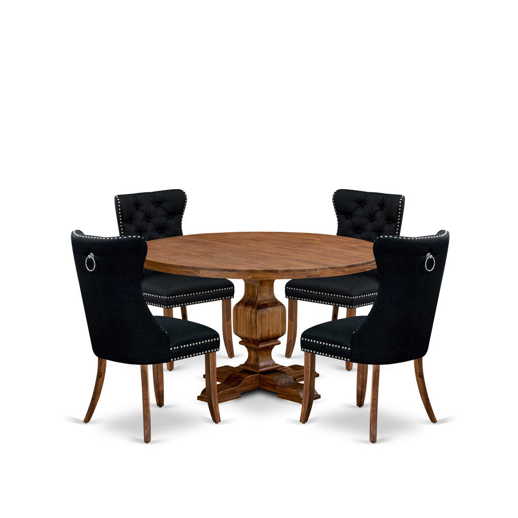 Luxe by East West Furniture I3DA5-50N-24 5-Piece Dining Table Set with Linen Fabric 4 Black Parson chairs, Button-Tufted Backs, and a 54"Round Dinner Table in Antique Walnut Finish.