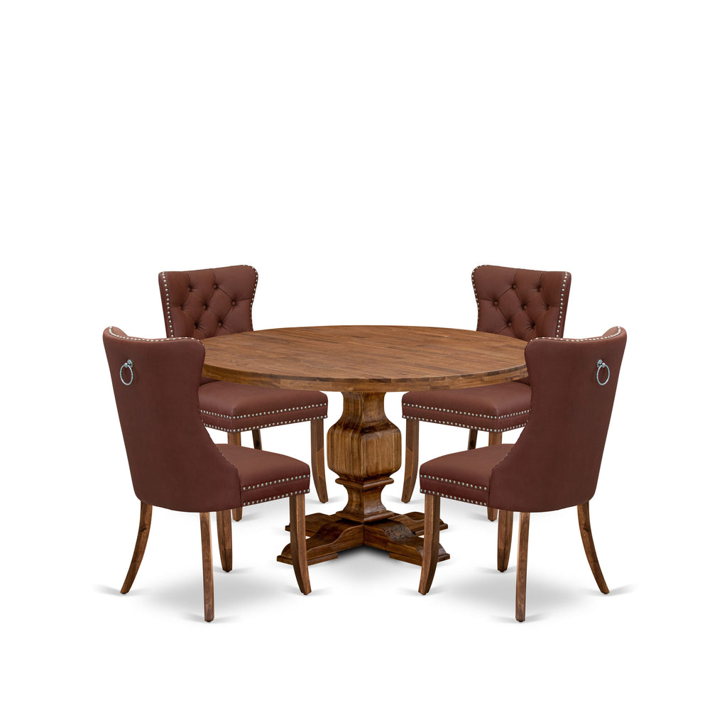 Luxe by East West Furniture I3DA5-50N-26 5-Pc Dinner Table Set Include a Round Table and 4 Burgundy Faux Leather Upholstered Chairs with Button-Tufted Back, Antique Walnut