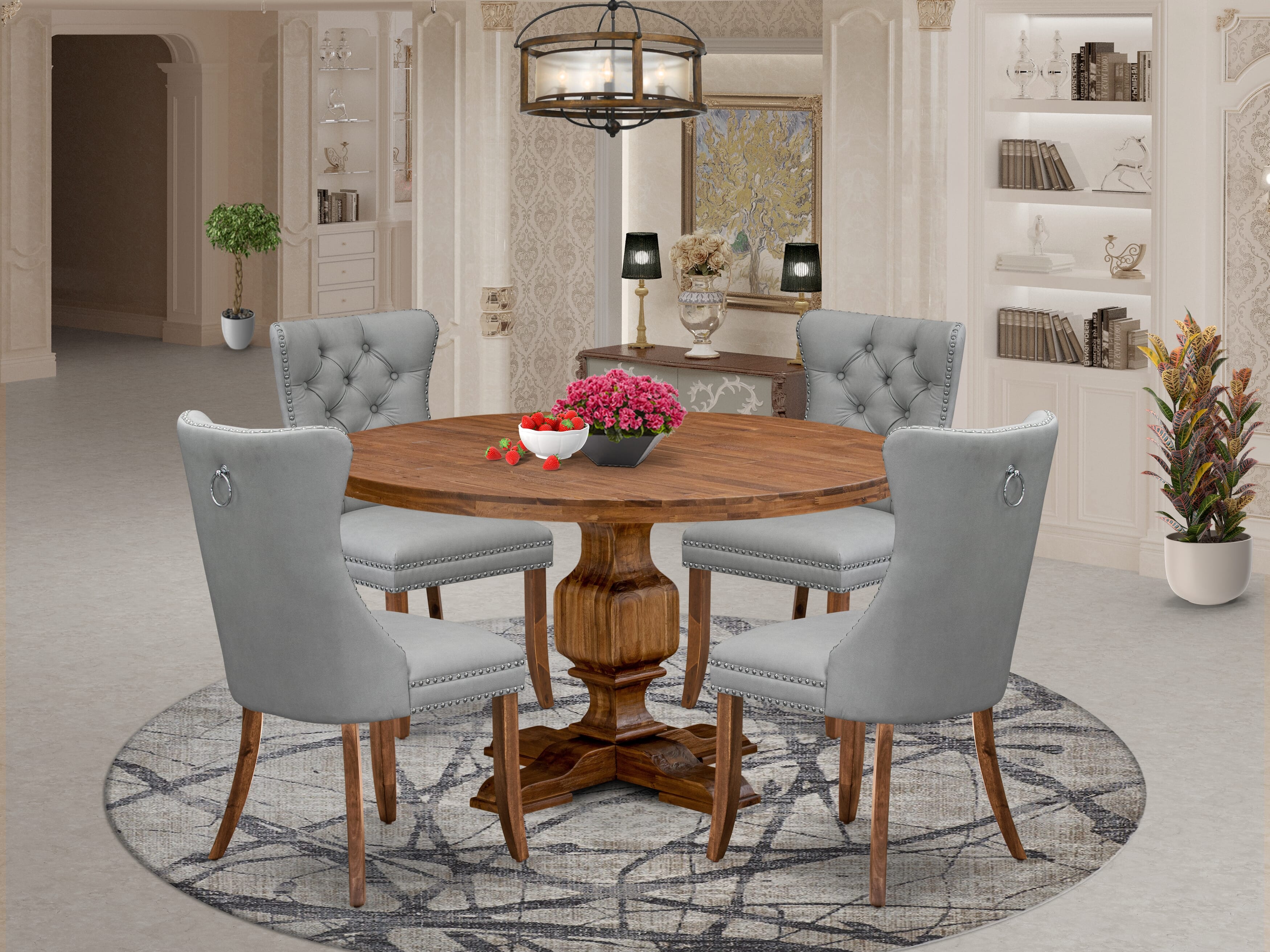 Luxe by East West Furniture I3DA5-50N-27 5-Pc Dining Set Includes a Round Dining Table and 4 Light Gray Faux Leather Padded Chairs with Button-Tufted Back, Antique Walnut
