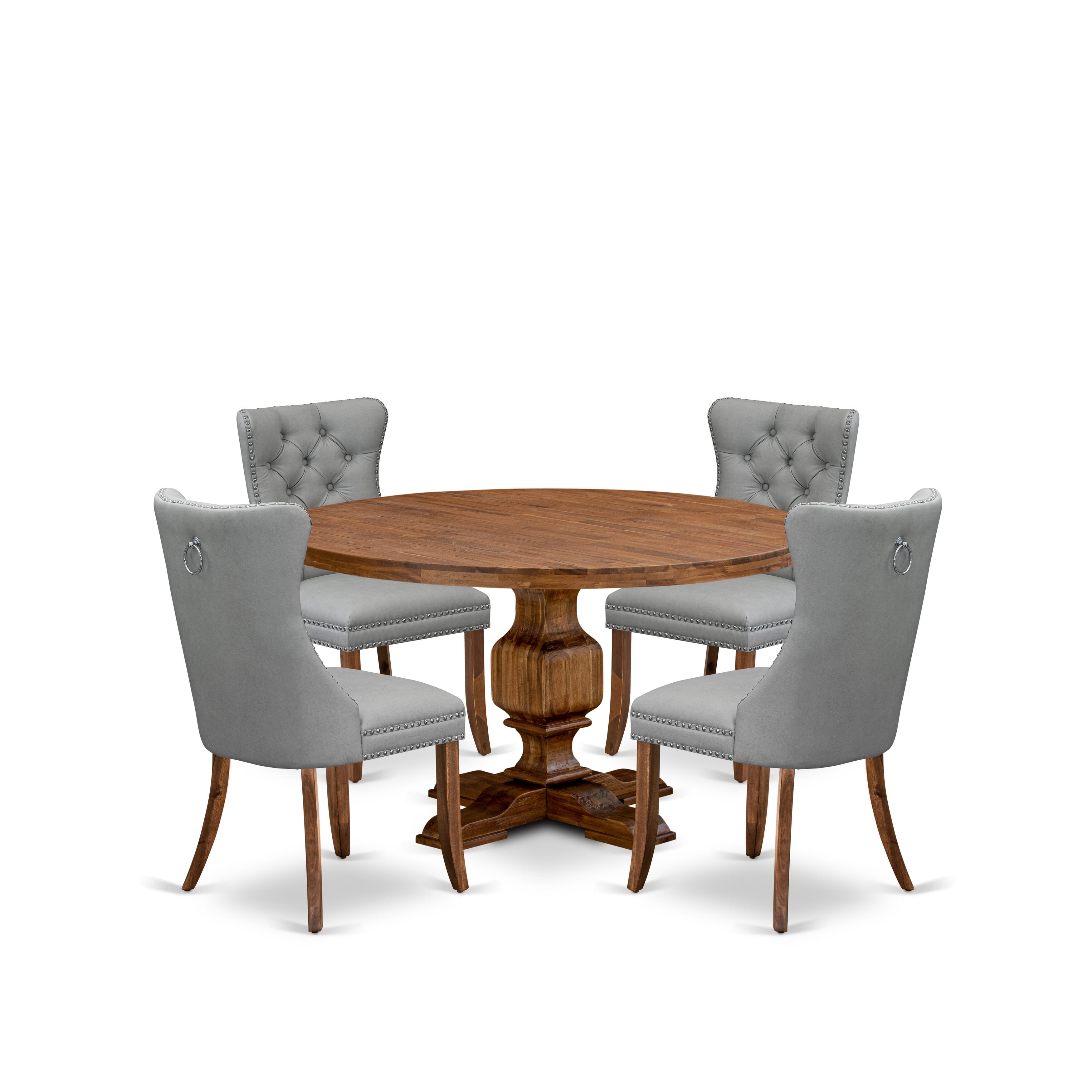 Luxe by East West Furniture I3DA5-50N-27 5-Pc Dining Set Includes a Round Dining Table and 4 Light Gray Faux Leather Padded Chairs with Button-Tufted Back, Antique Walnut