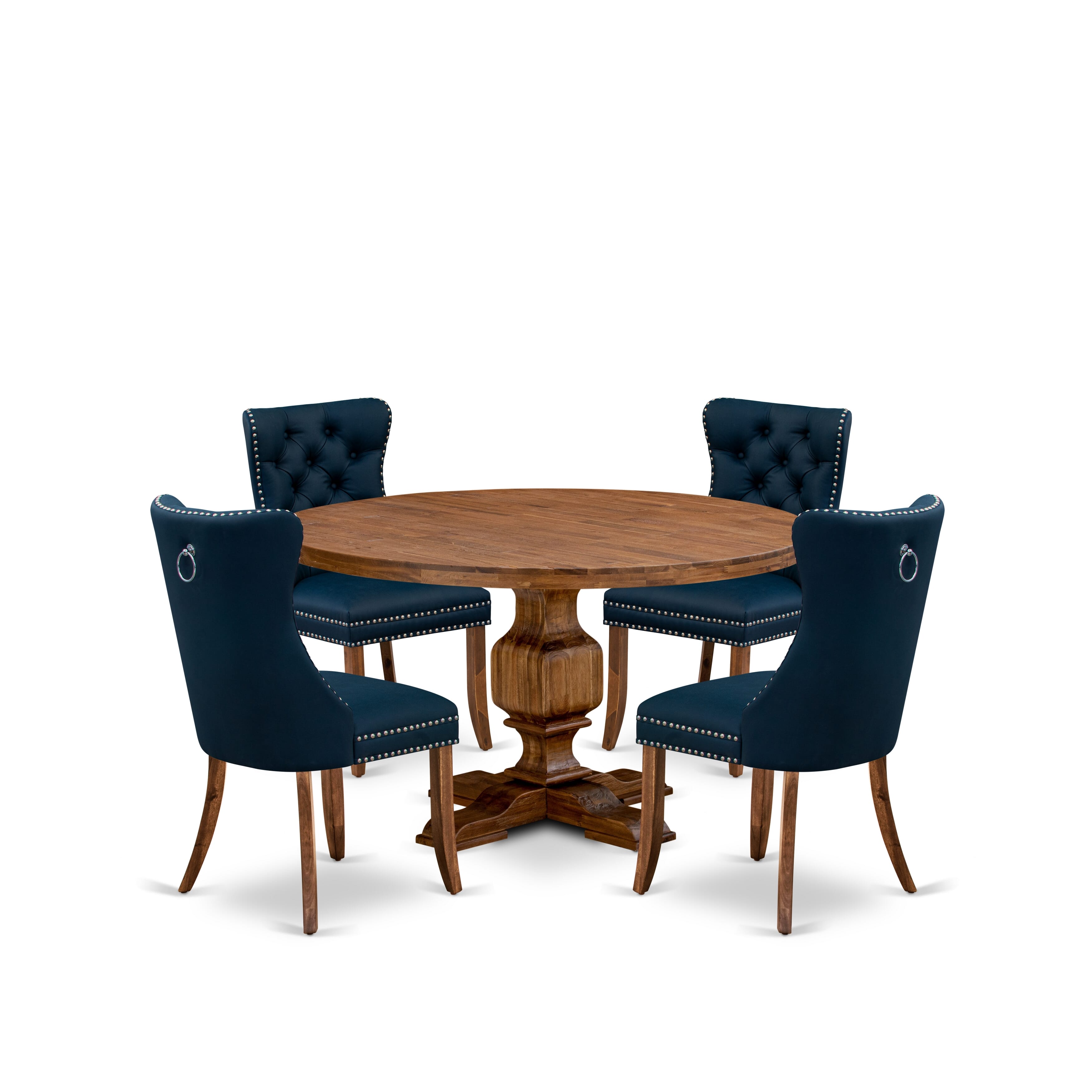 Luxe by East West Furniture I3DA5-50N-29 5-Piece Dining Set with Faux Leather 4 Navy Blue Kitchen chairs, Button-Tufted Backs, and a 54"Round Table in Antique Walnut Finish.